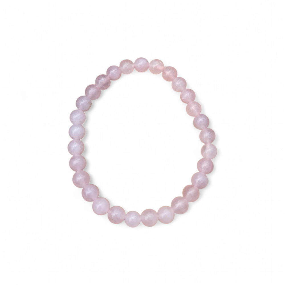Bracelet quartz rose sur fond blanc, perles rondes 6 mm en pierre naturelle pour amour de soi, équilibre affectif et calme intérieur