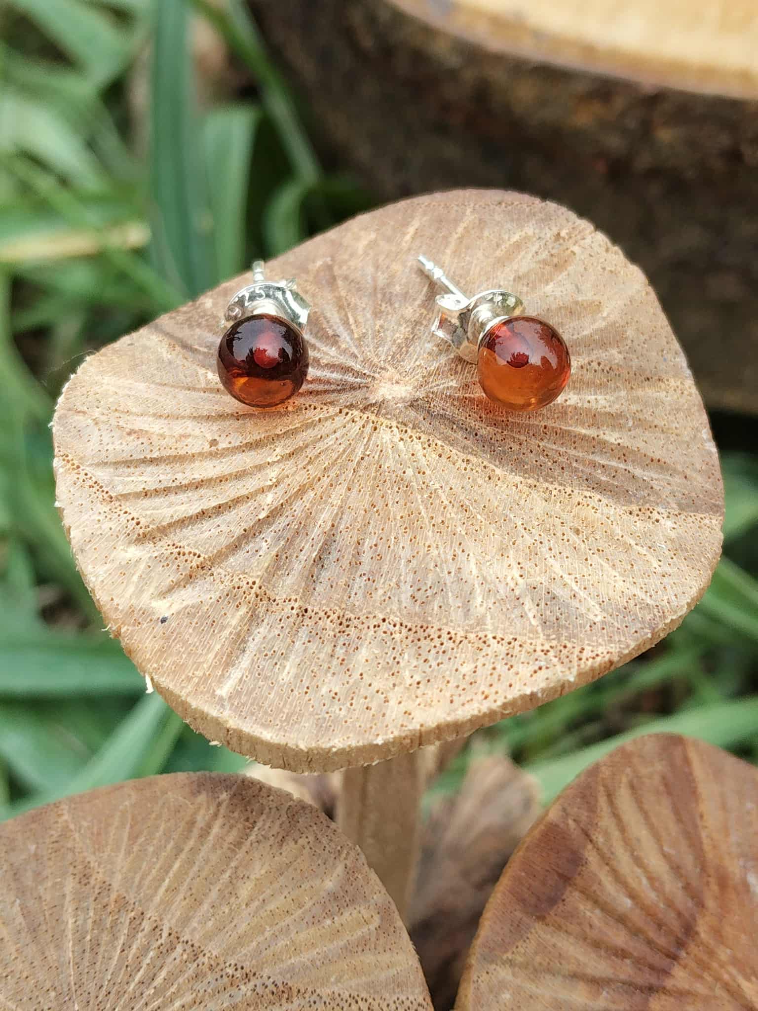 Boucles puces ambre naturel argent 925 posées sur champignon en forêt – énergie solaire, vitalité.
