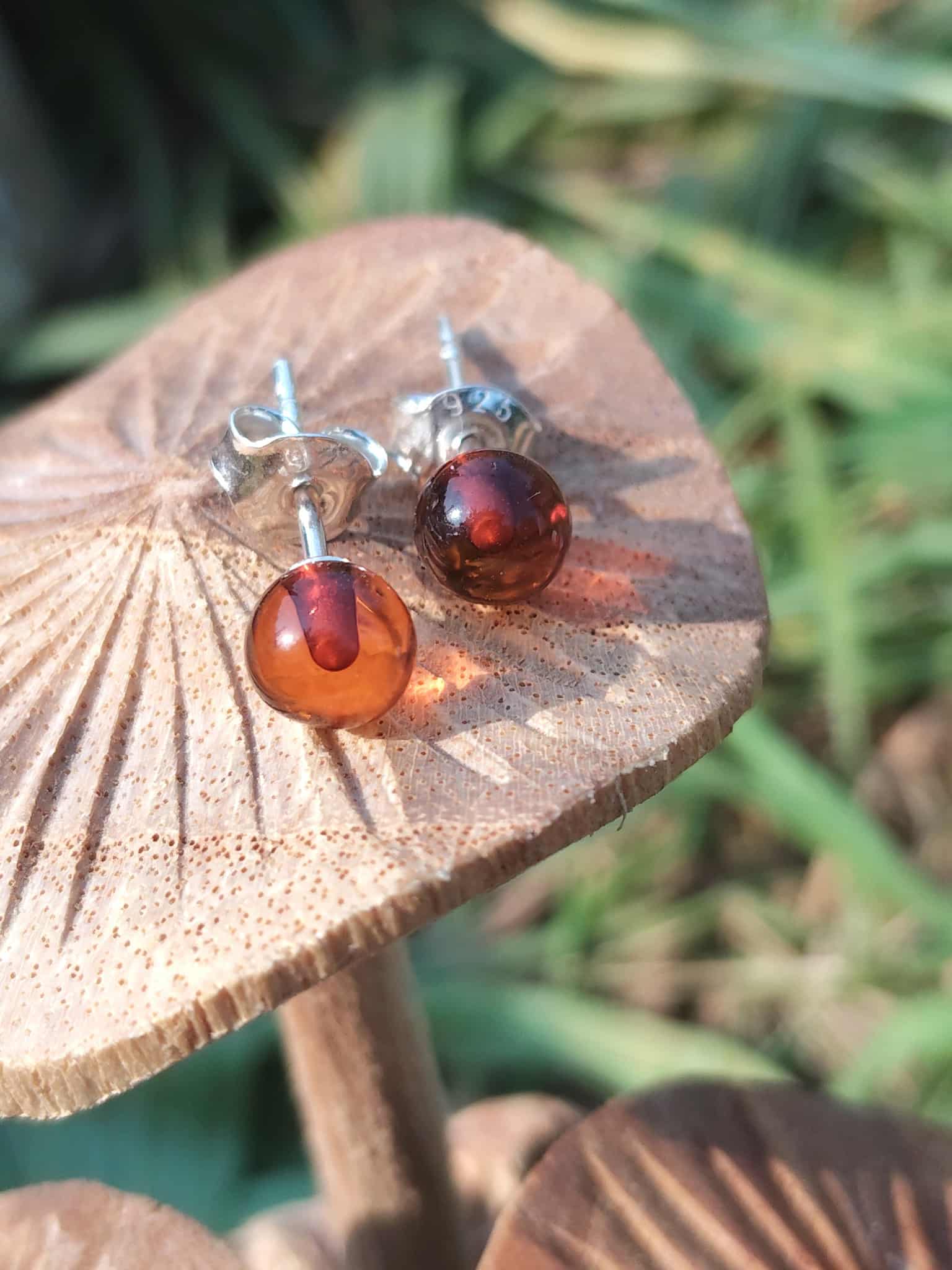 Puces Ambre cognac  argent 925, macro sur champignon – calme émotionnel, équilibre intérieur.