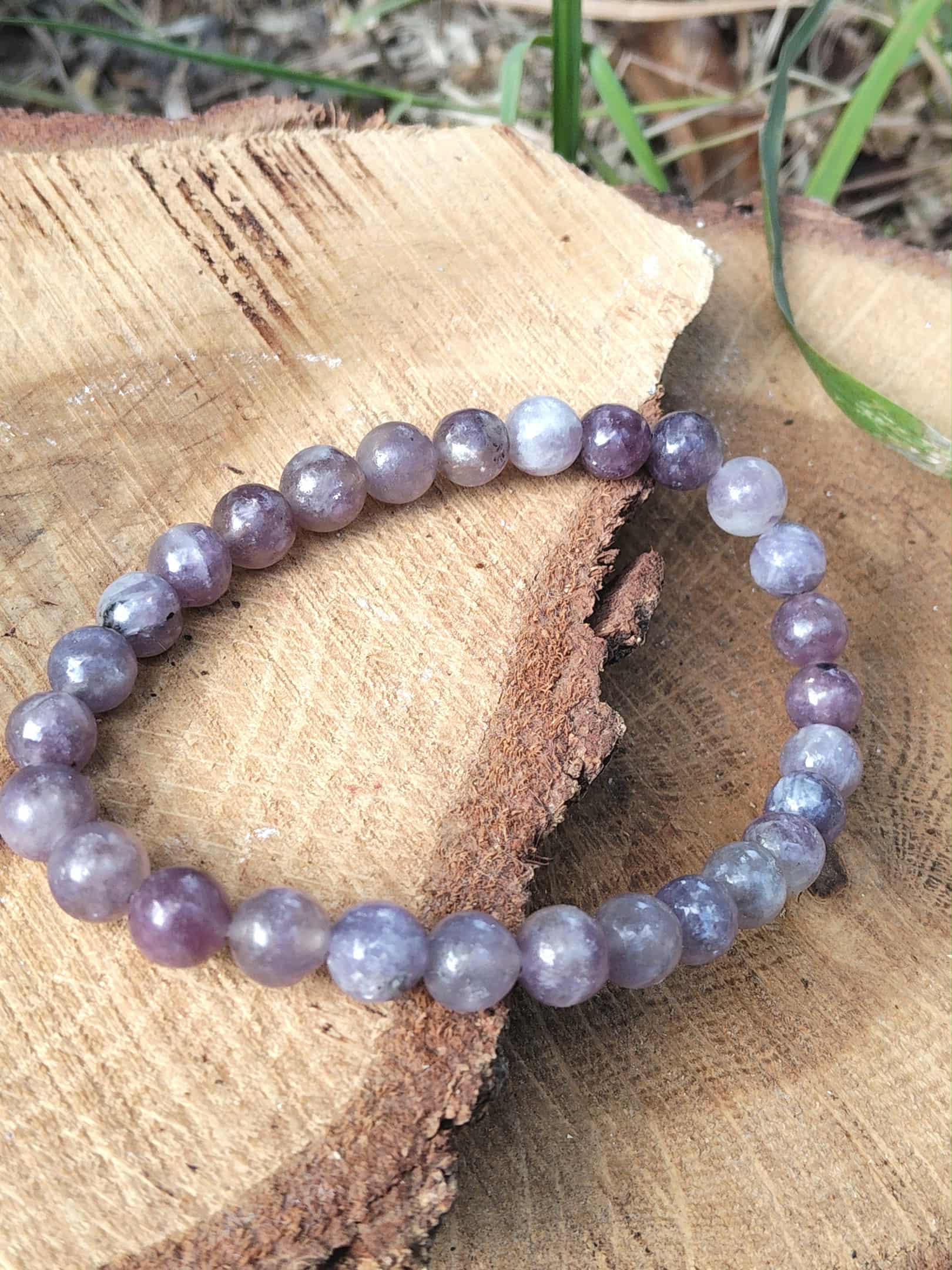 Bracelet tourmaline rose sur eudialyte parmi champignons et décor végétal, perles naturelles pour tendresse du cœur et sérénité intérieure