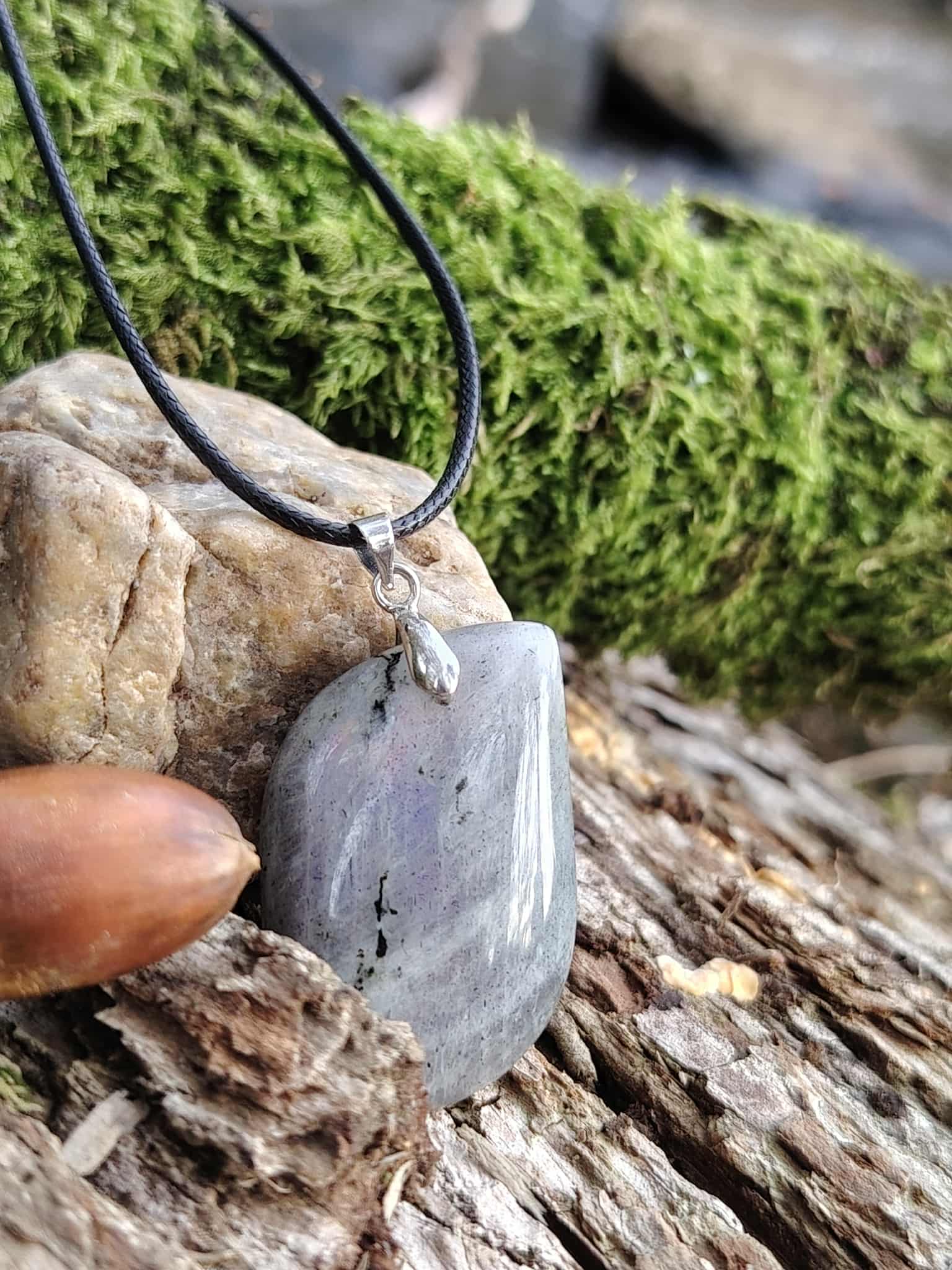 Pendentif labradorite sur cordon noir, posé sur écorce et mousse, bijou en pierre naturelle associé à la protection, à l’intuition et à l’enracinement intérieur.