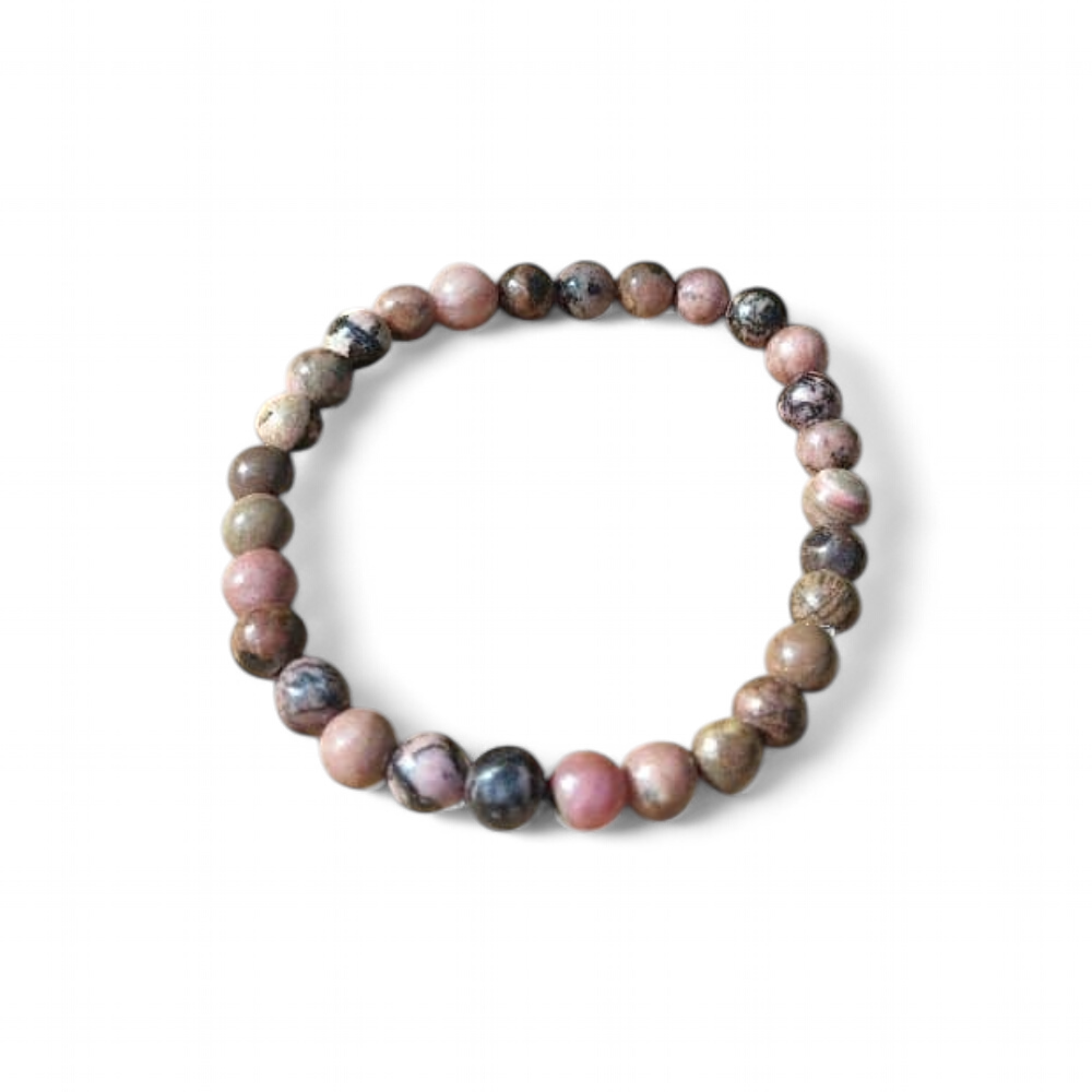Bracelet rhodonite sur fond blanc, perles rondes 6 mm rose et noir en pierre naturelle pour compassion, douceur affective et stabilité émotionnelle