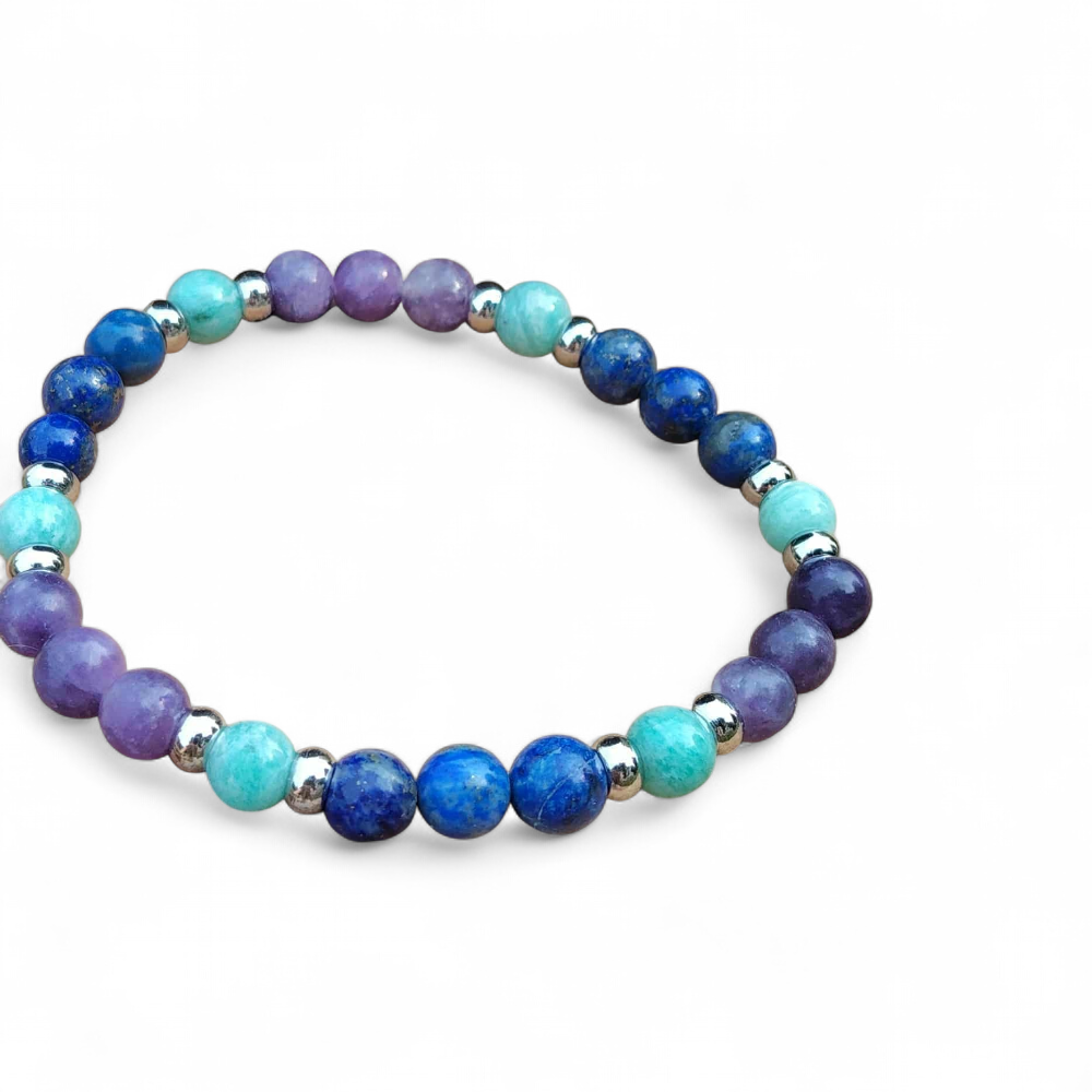 Bracelet Angoisse création Magic Gaïa sur bois, pierres naturelles lapis lazuli, lépidolite et amazonite pour sérénité et détente mentale