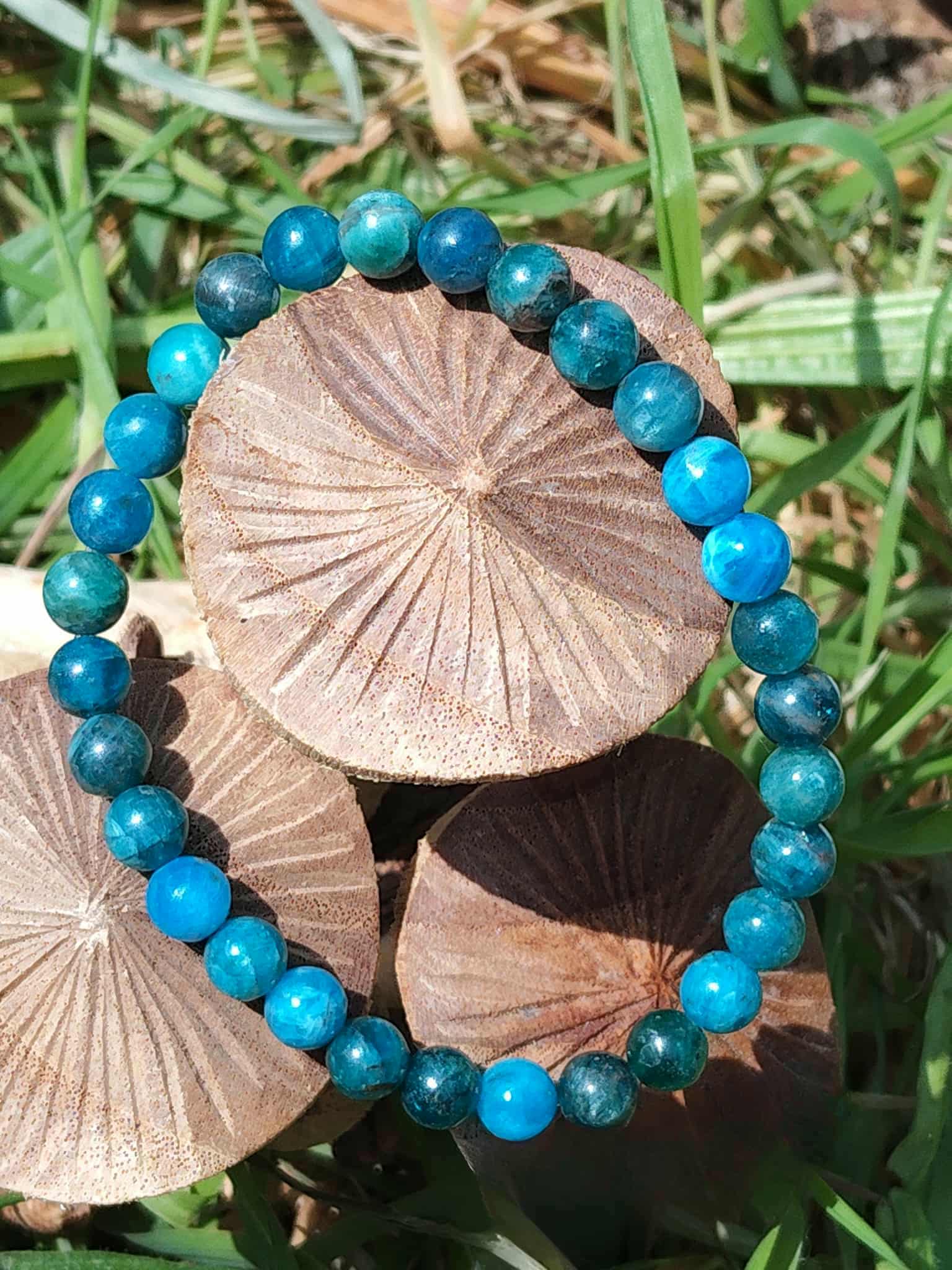 Bracelet apatite 6 mm sur champignons et verdure, bijou en pierre naturelle pour assurance personnelle, calme intérieur et aisance d’expression