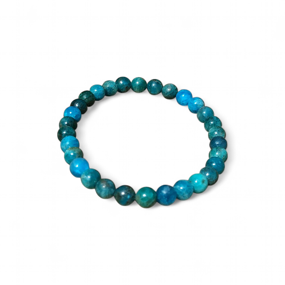Bracelet apatite bleue sur fond blanc, perles 6 mm en pierre naturelle pour expression authentique, confiance vocale et clarté relationnelle