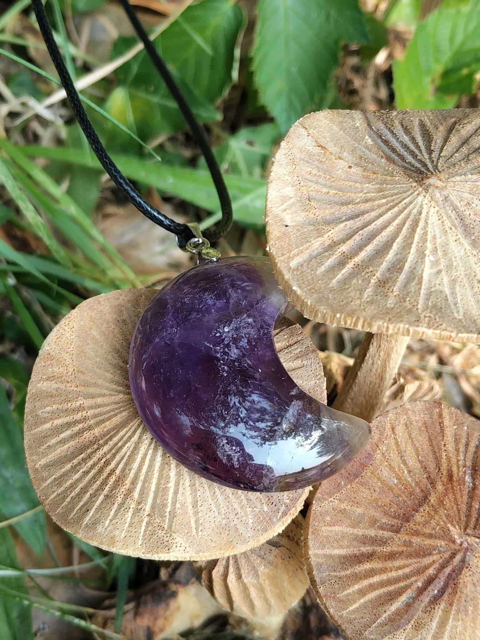CCollier lune en améthyste violette sur décor végétal et champignons, pendentif pierre naturelle évoquant l’apaisement du stress, la rêverie et l’équilibre émotionnel.