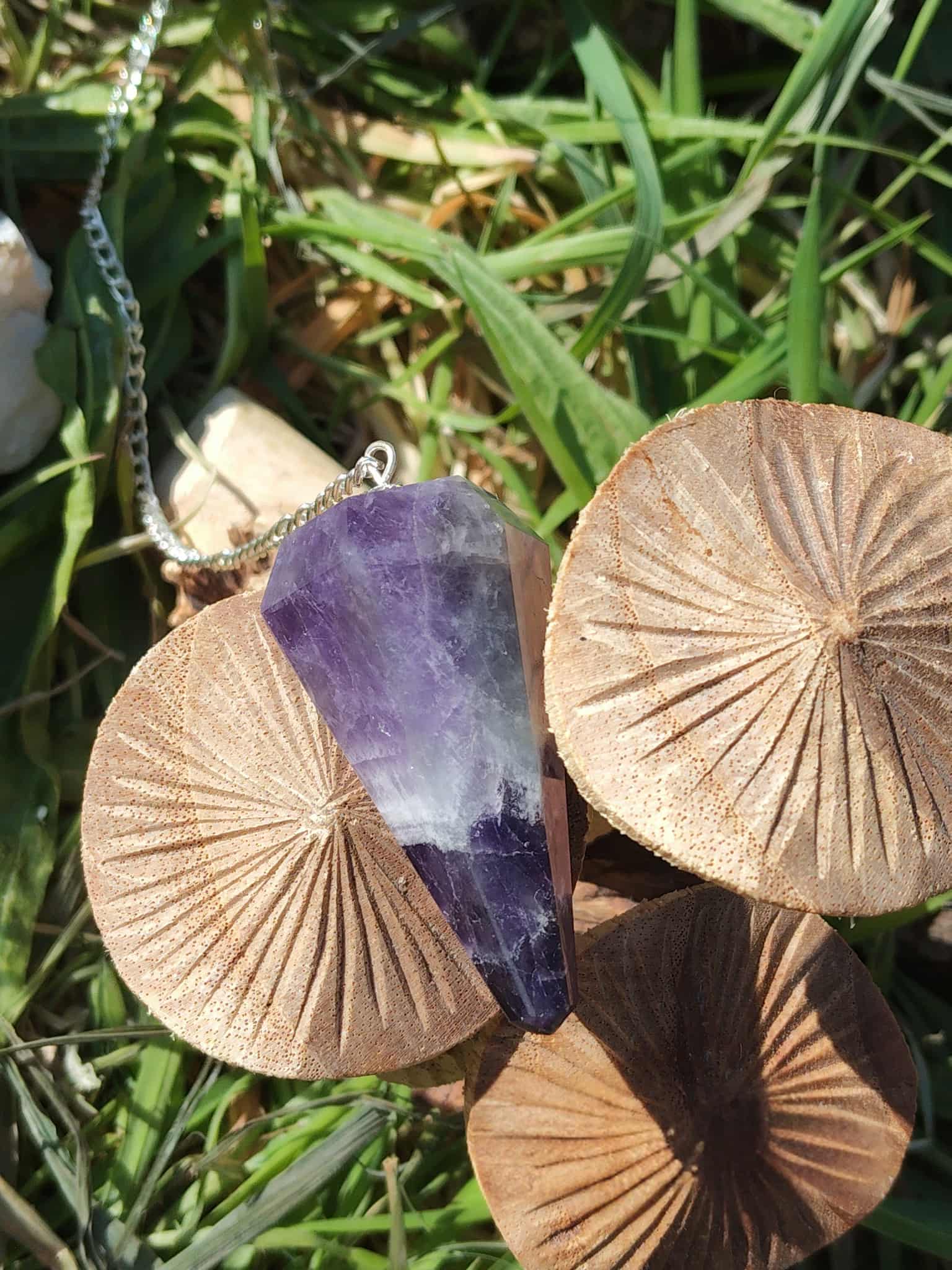 Pendule en améthyste naturelle avec chaîne argentée, posé sur des champignons en pleine nature, outil de radiesthésie ésotérique pour intuition et travail spirituel.
