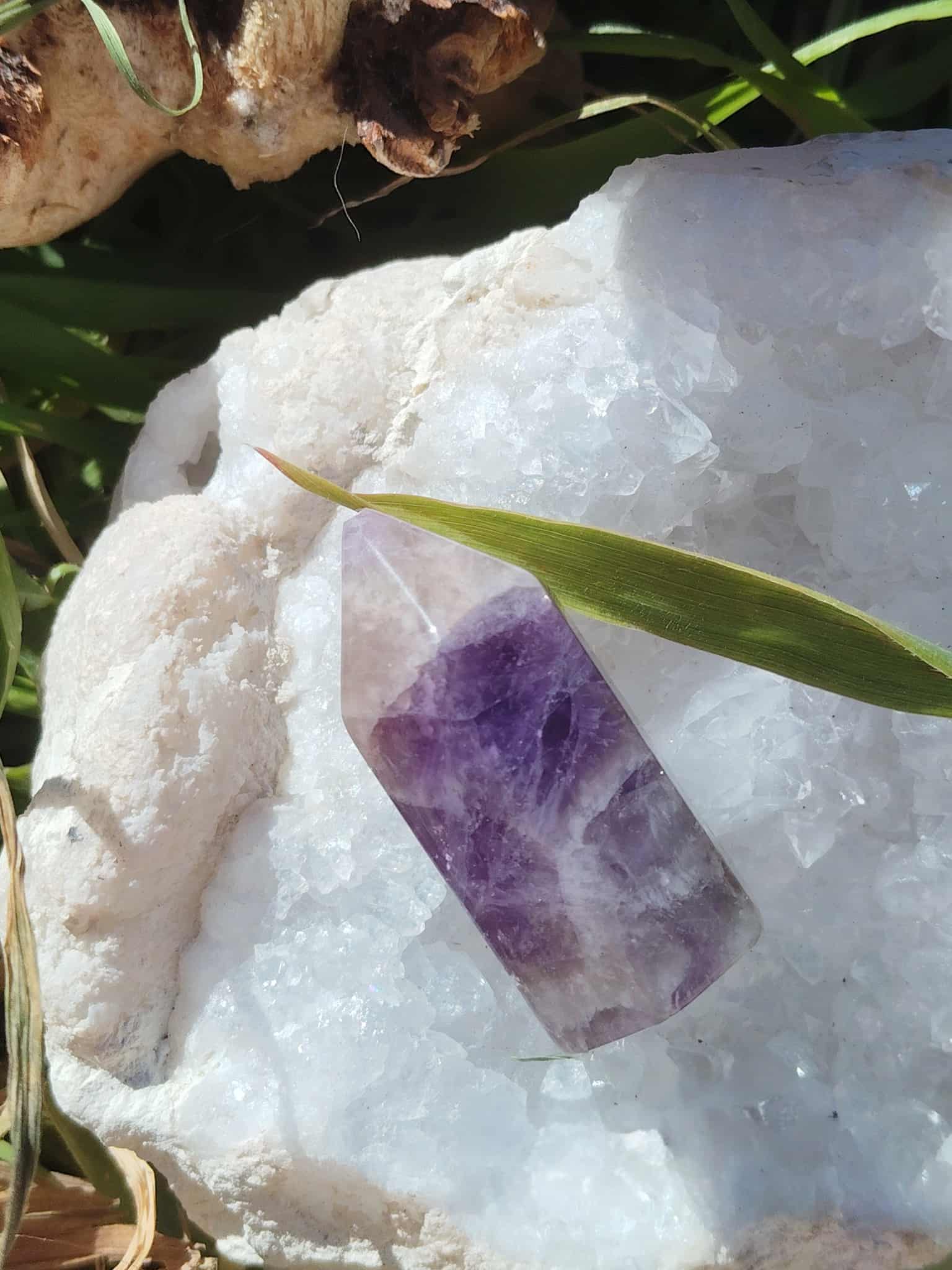 Pointe d’améthyste violette posée sur amas de quartz blanc en extérieur, pierre naturelle associée à l’élévation, à la clarté intérieure et au relâchement du mental.