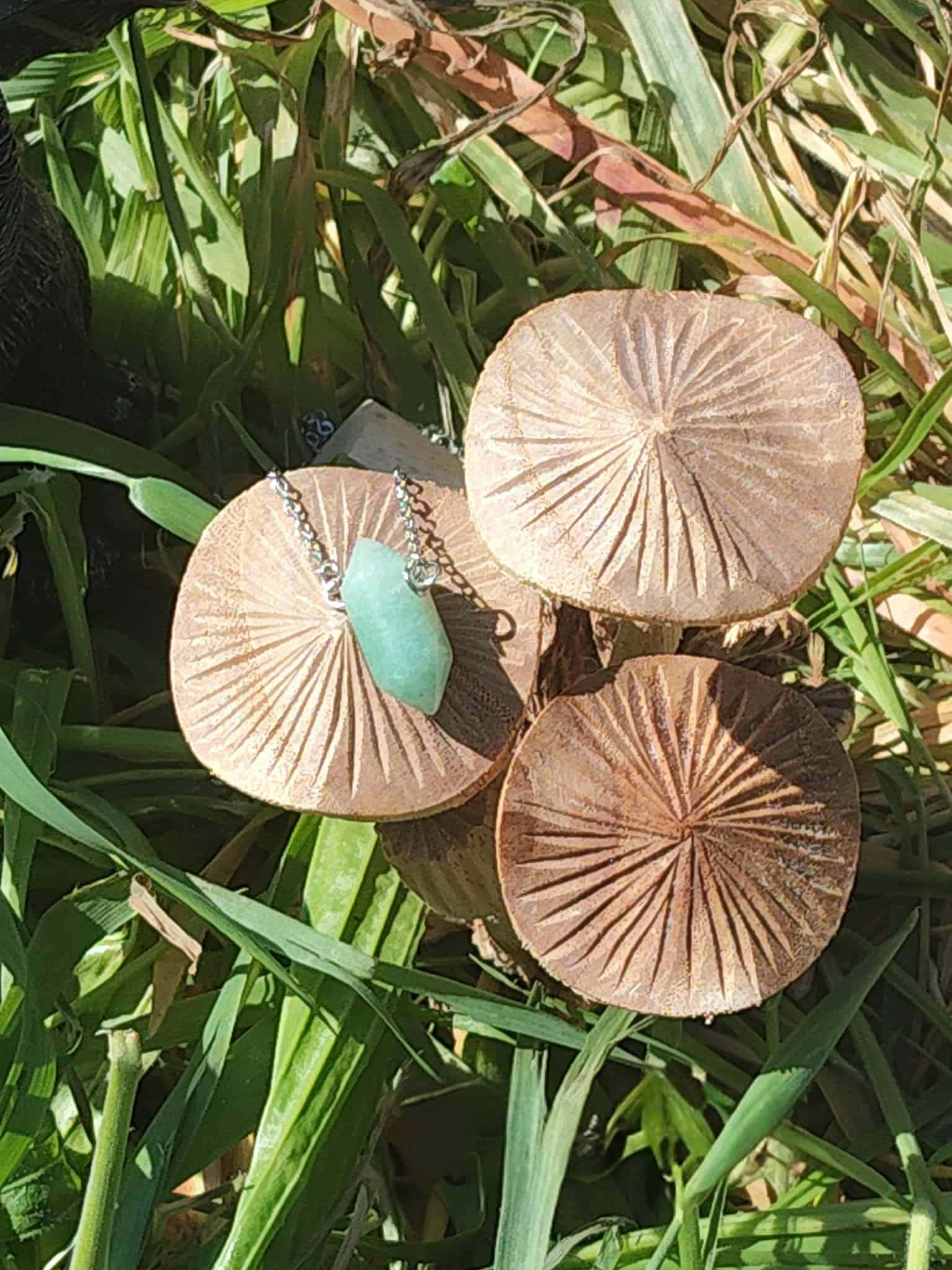 Collier avec pendentif en pointe d’aventurine verte déposé sur petits champignons beiges dans l’herbe, photo en extérieur, bijou en pierre naturelle évoquant la patience, la douceur relationnelle et l’harmonie du cœur.