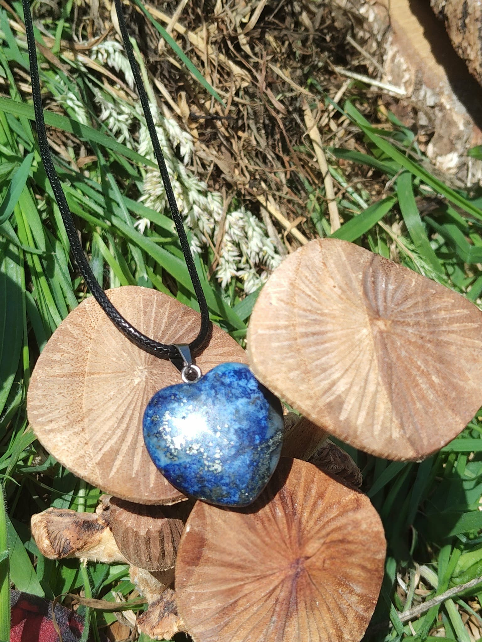 Pendentif cœur en lapis lazuli bleu posé sur petits champignons en extérieur, bijou en pierre naturelle évoquant la créativité, la présence à soi et la profondeur intuitive.