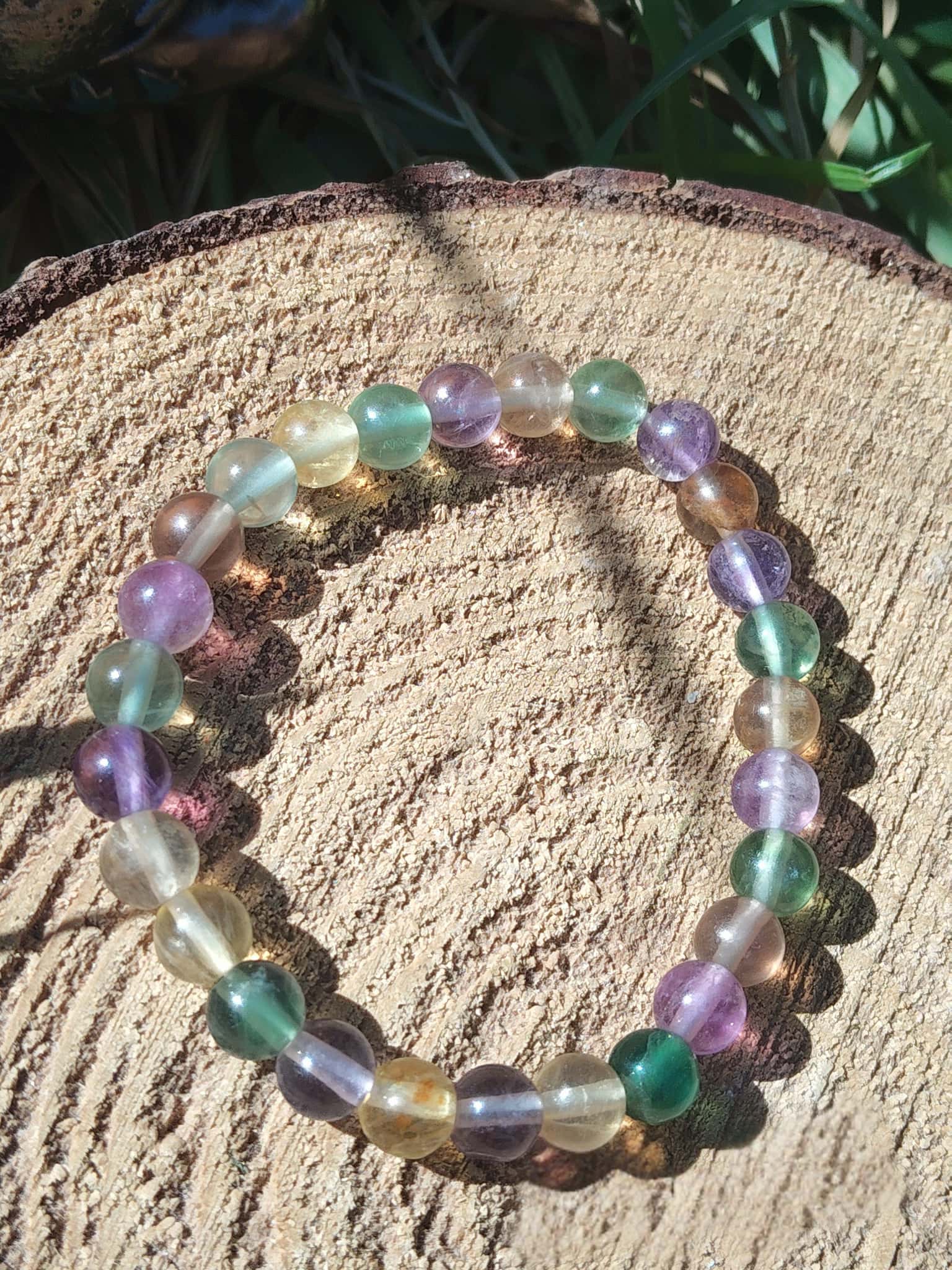 Bracelet fluorite multicolore sur rondin de bois, bracelet en pierres naturelles colorées, ordre intérieur et inspiration