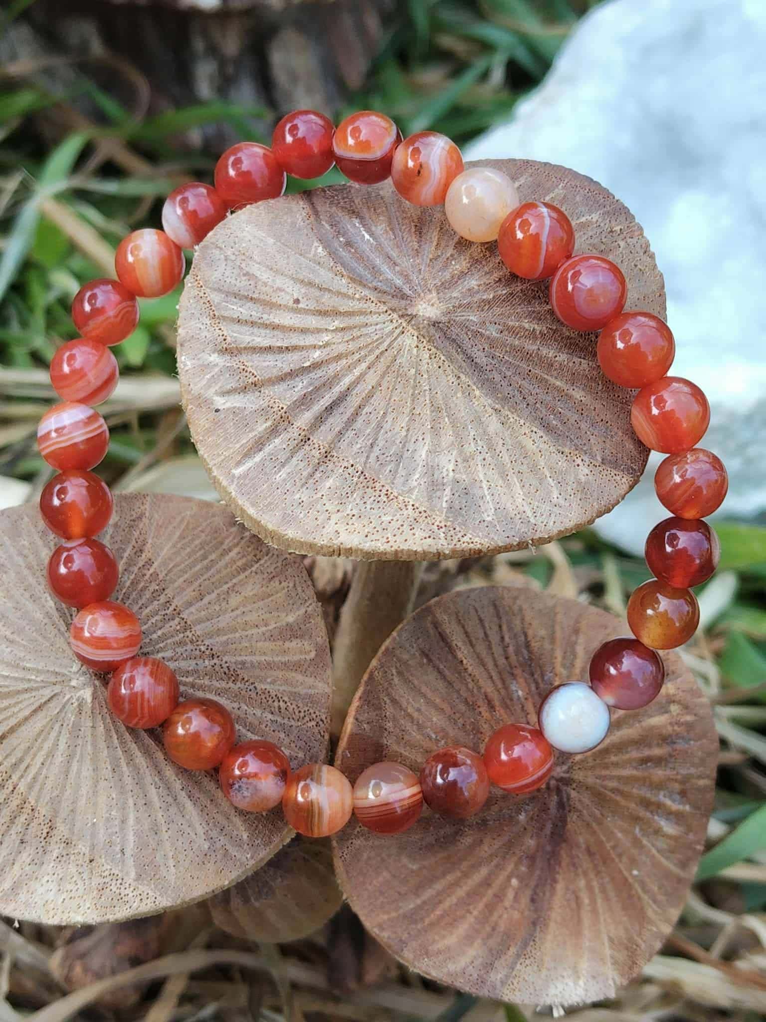 Bracelet cornaline en perles orange sur champignons décoratifs, énergie chaleureuse, esprit plus décidé et créativité en mouvement