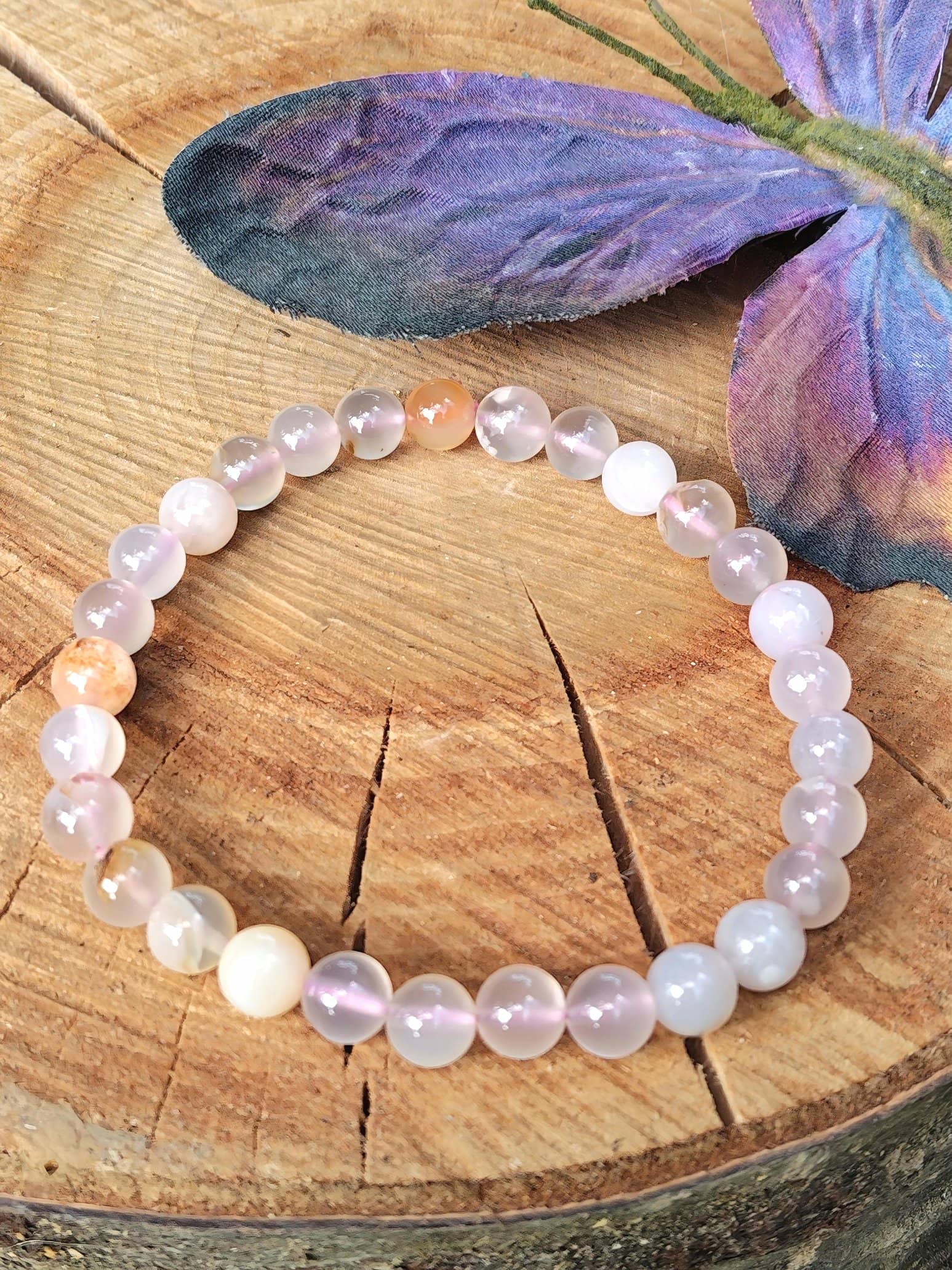 Bracelet agate fleur de cerisier en pierres naturelles, perles roses nuagées pour réconfort émotionnel, tendresse intérieure et nouvel élan