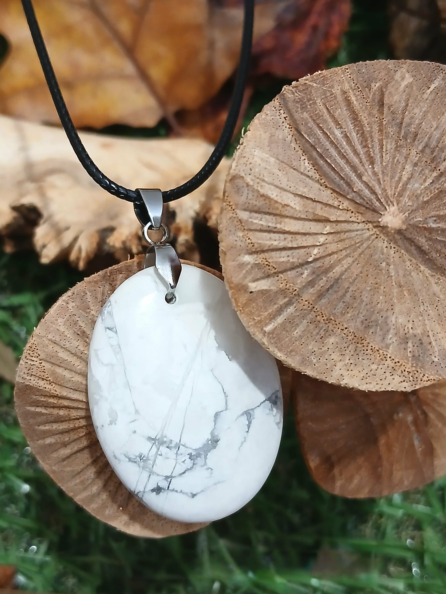 Pendentif howlite blanche posé contre des champignons décoratifs, relâchement du stress, calme intérieur et repos plus paisible