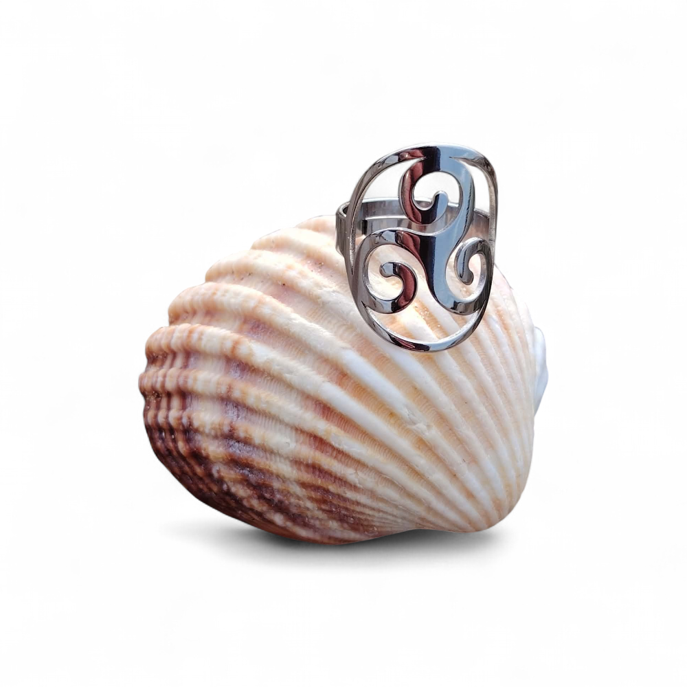 bague-triskell-reglable-en-acier-inoxydable-bijou-celtique-de-protection-et-d-harmonie-pose-sur-un-coquillage-sur- fond blanc