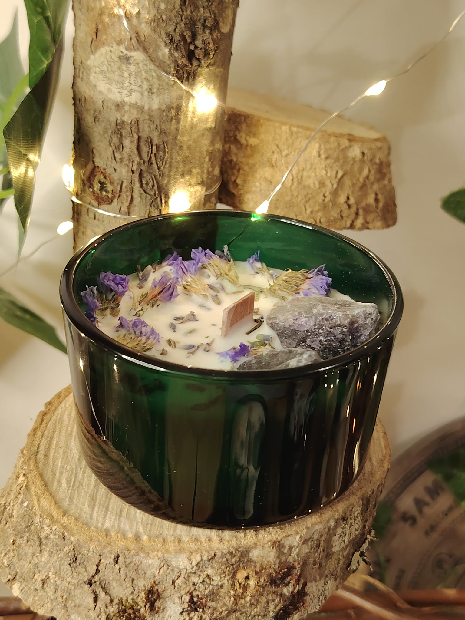 bougie cire de soja parfum lavande décor bois guirlande lumineuse quartz rose pierre douceur apaisante