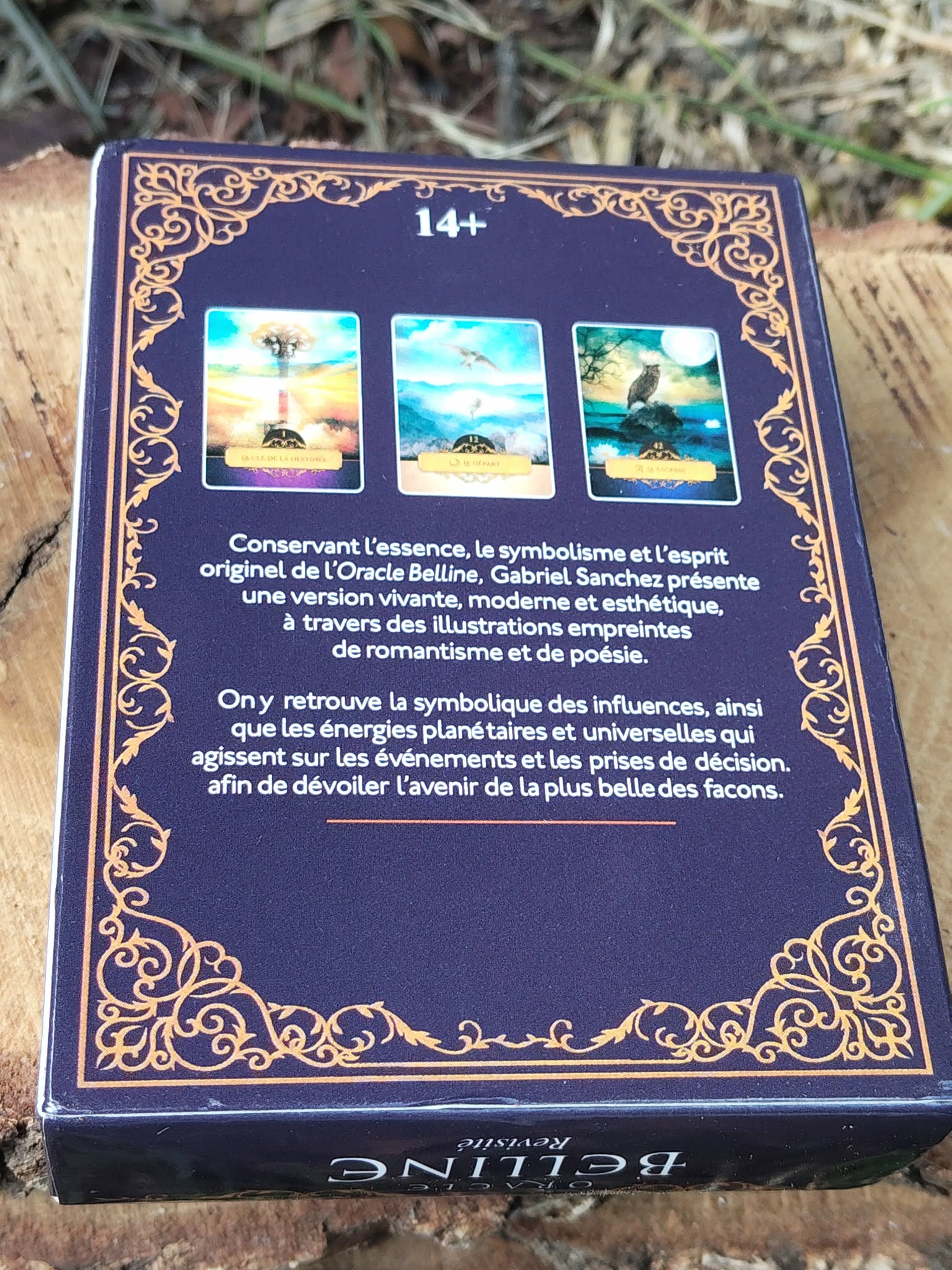 Oracle Belline revisité – dos de la boîte de cartes oracle, photo sur bois en extérieur, fond bleu nuit