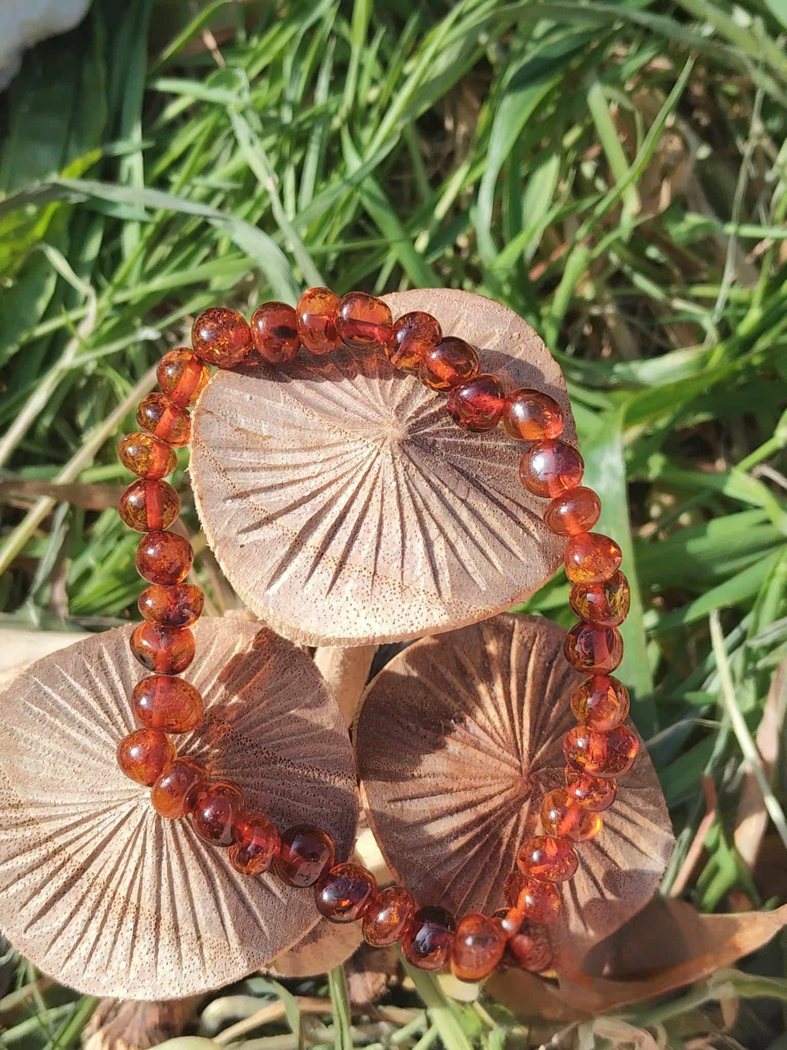 Bracelet en ambre naturel posé dans l’herbe près de petits champignons, bijou lumineux pour calme émotionnel et chaleur du cœur