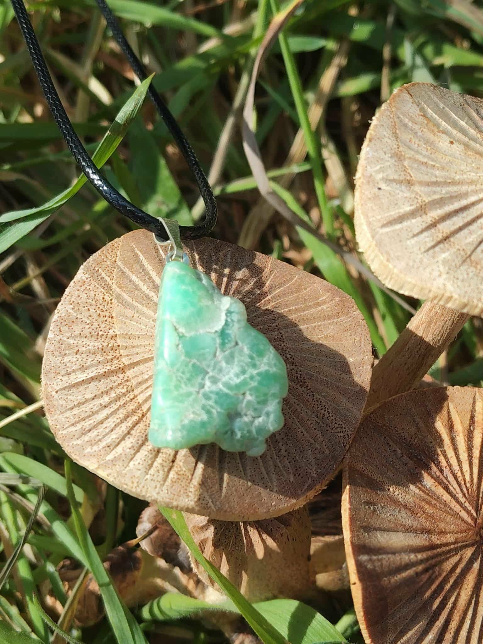 Pendentif chrysoprase brute vert d’eau posé sur tranche de bois avec herbes vertes, pierre naturelle associée au relâchement, à la paix du mental et à la souplesse émotionnelle.