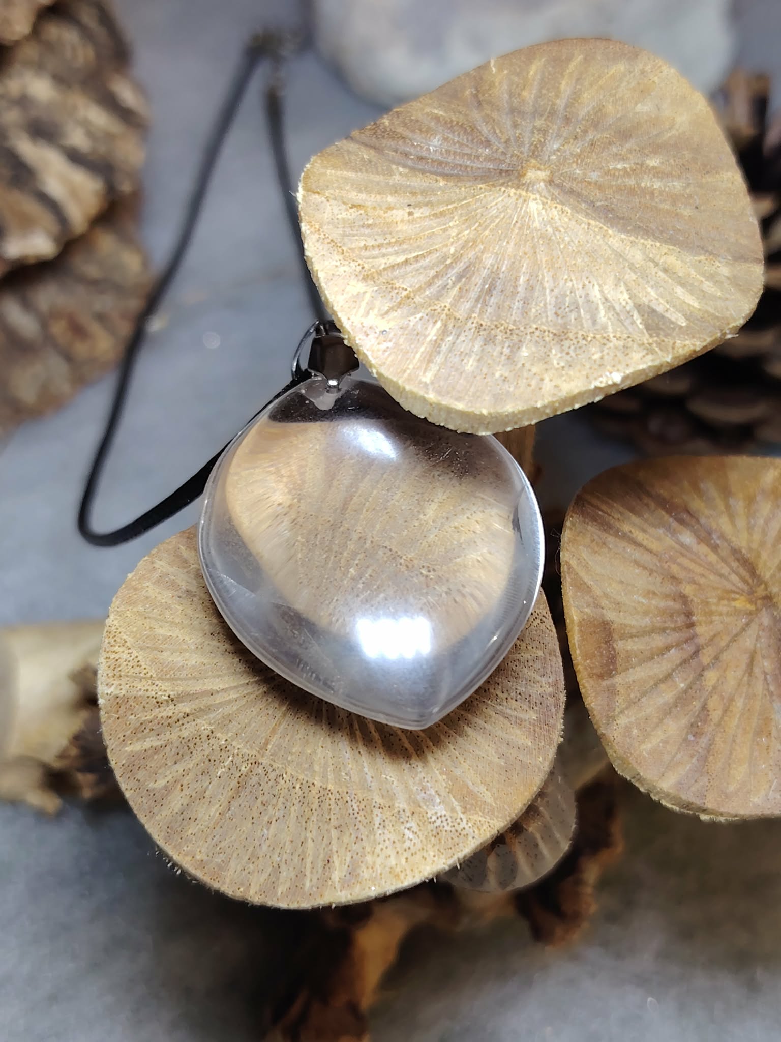 pendentif quartz clair goutte en gros plan sur champignons en bois, transparence mise en valeur — amplification des intentions