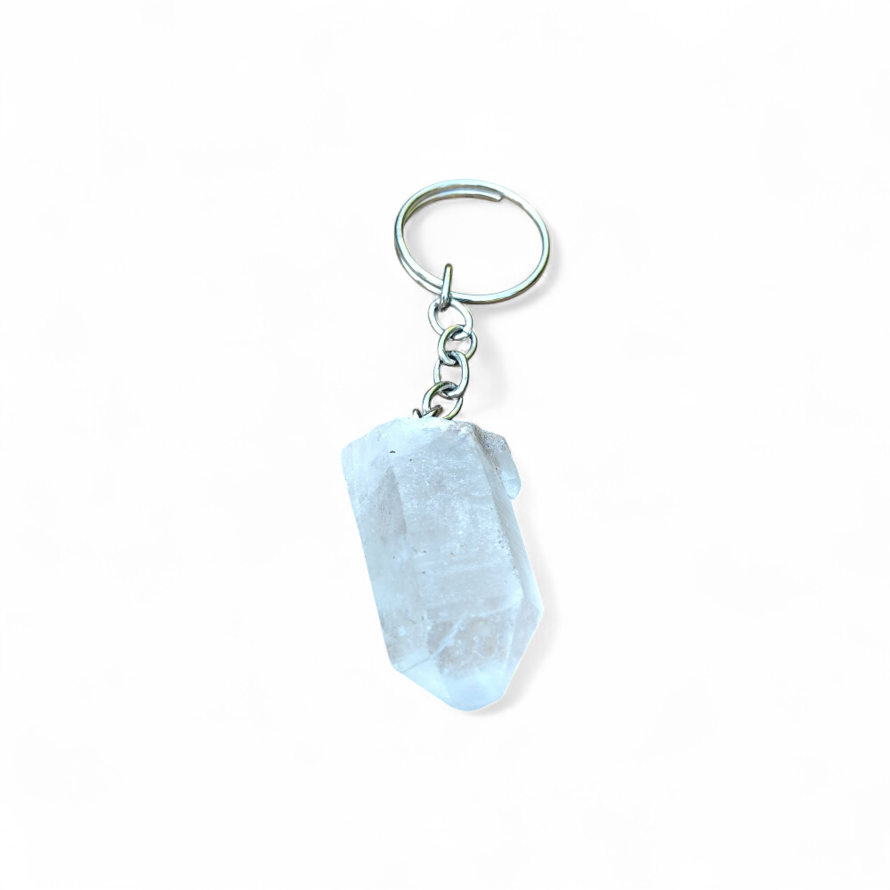 porte-cles-bijou-de-sac-en-cristal-de-roche-taille-en-pointe-facettee-avec-anneau-metallique-pose-sur-fond blanc