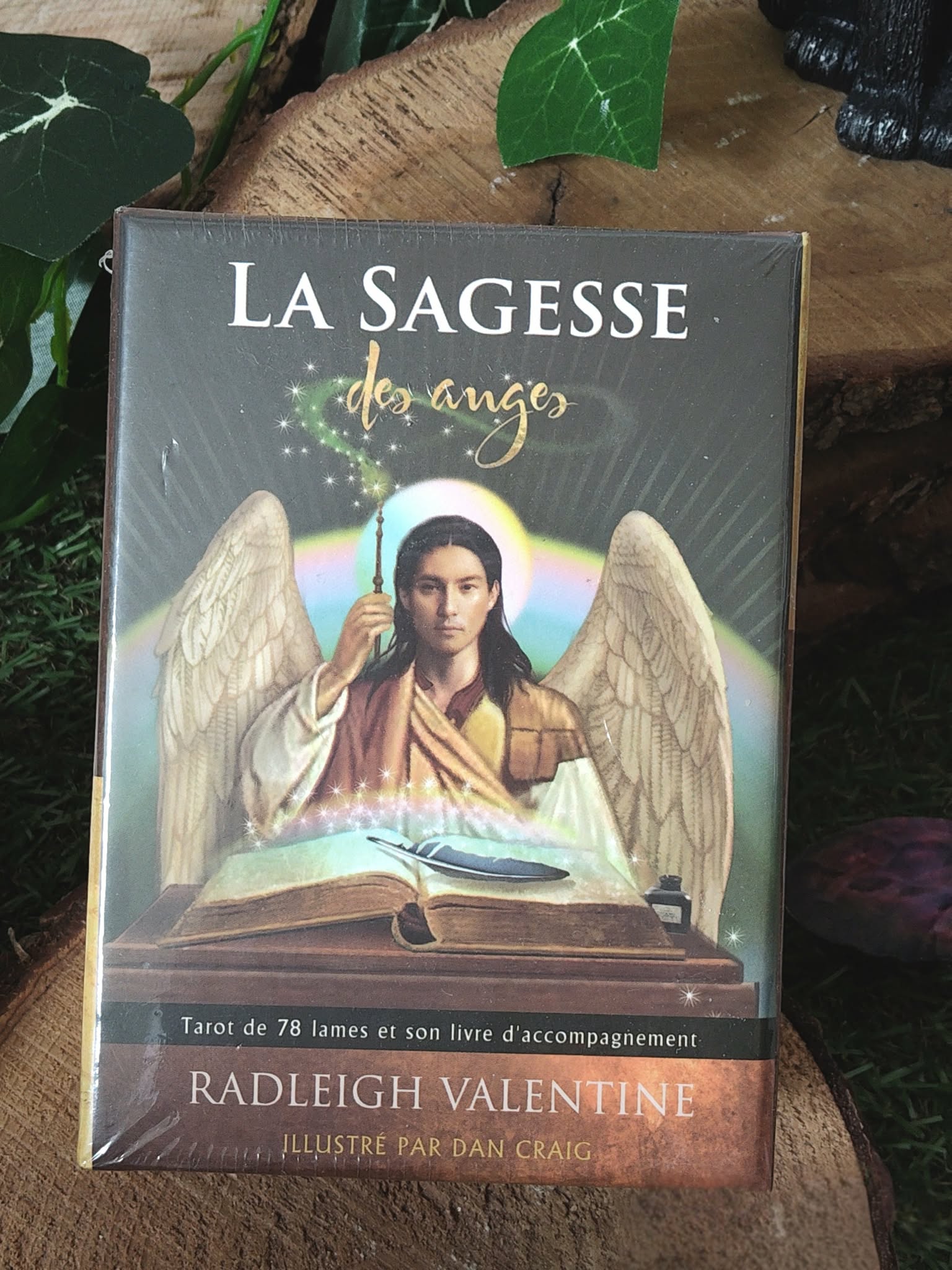 1La Sagesse des Anges (Radleigh Valentine) : boîte du tarot sur rondin de bois, décor végétal.