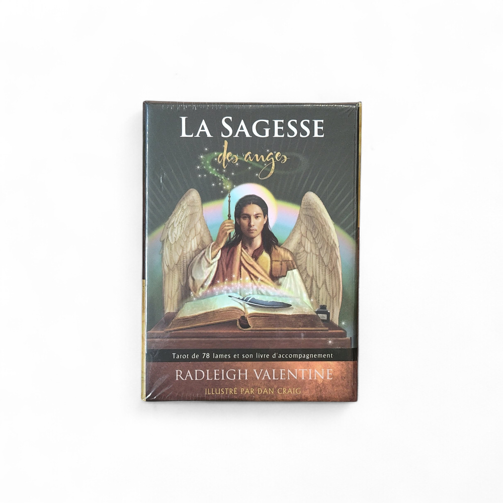 La Sagesse des Anges (Radleigh Valentine) : boîte du tarot vue de face sur fond blanc tarot des anges, guidance archanges.