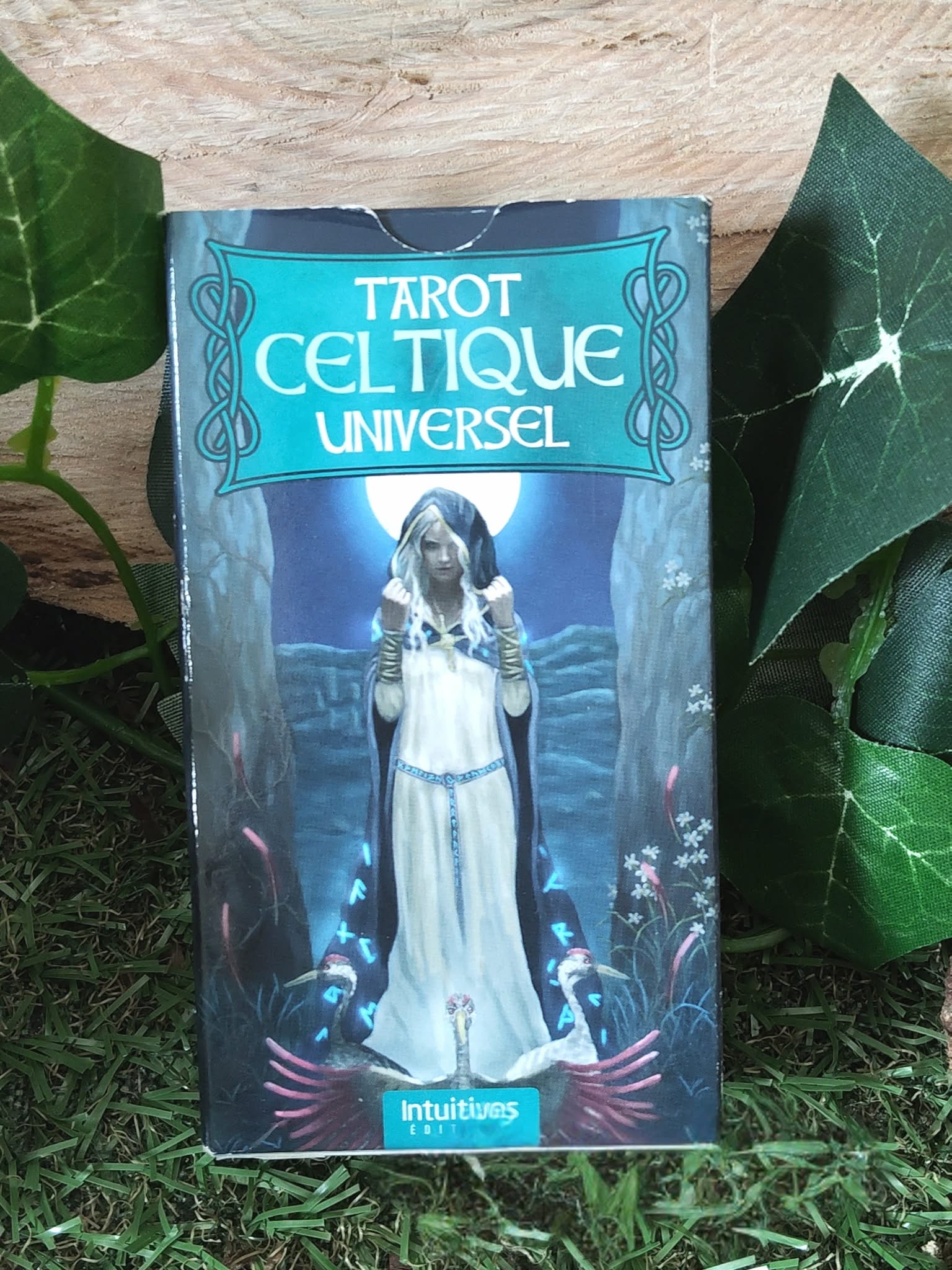 Jeu de tarot celtique universel – coffret face avant posé parmi des feuilles, mise en scène nature