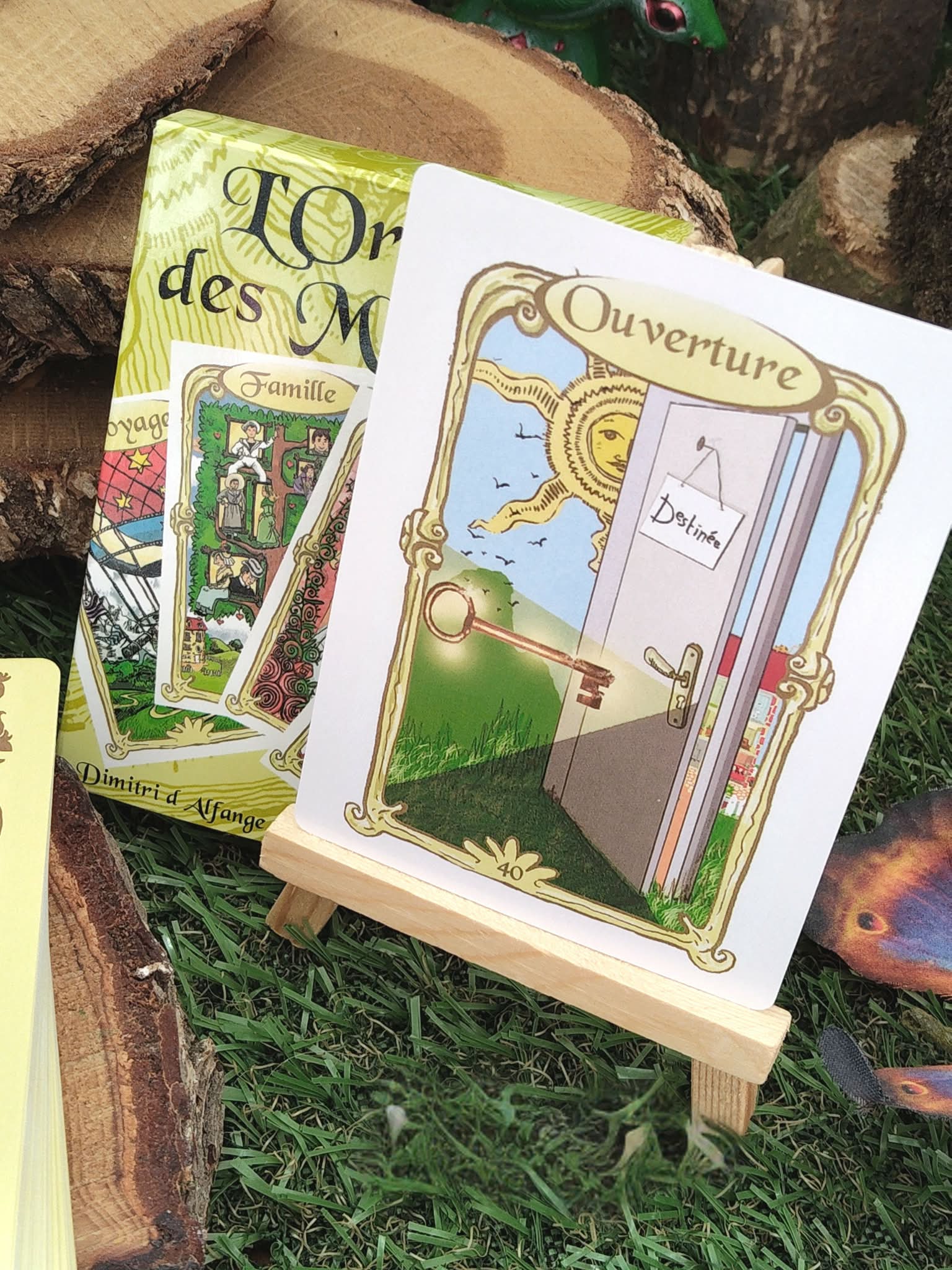 Oracle des miroirs, coffret et cartes illustrées, une carte sur chevalet blanc, posé sur mousse verte et rondin de bois.