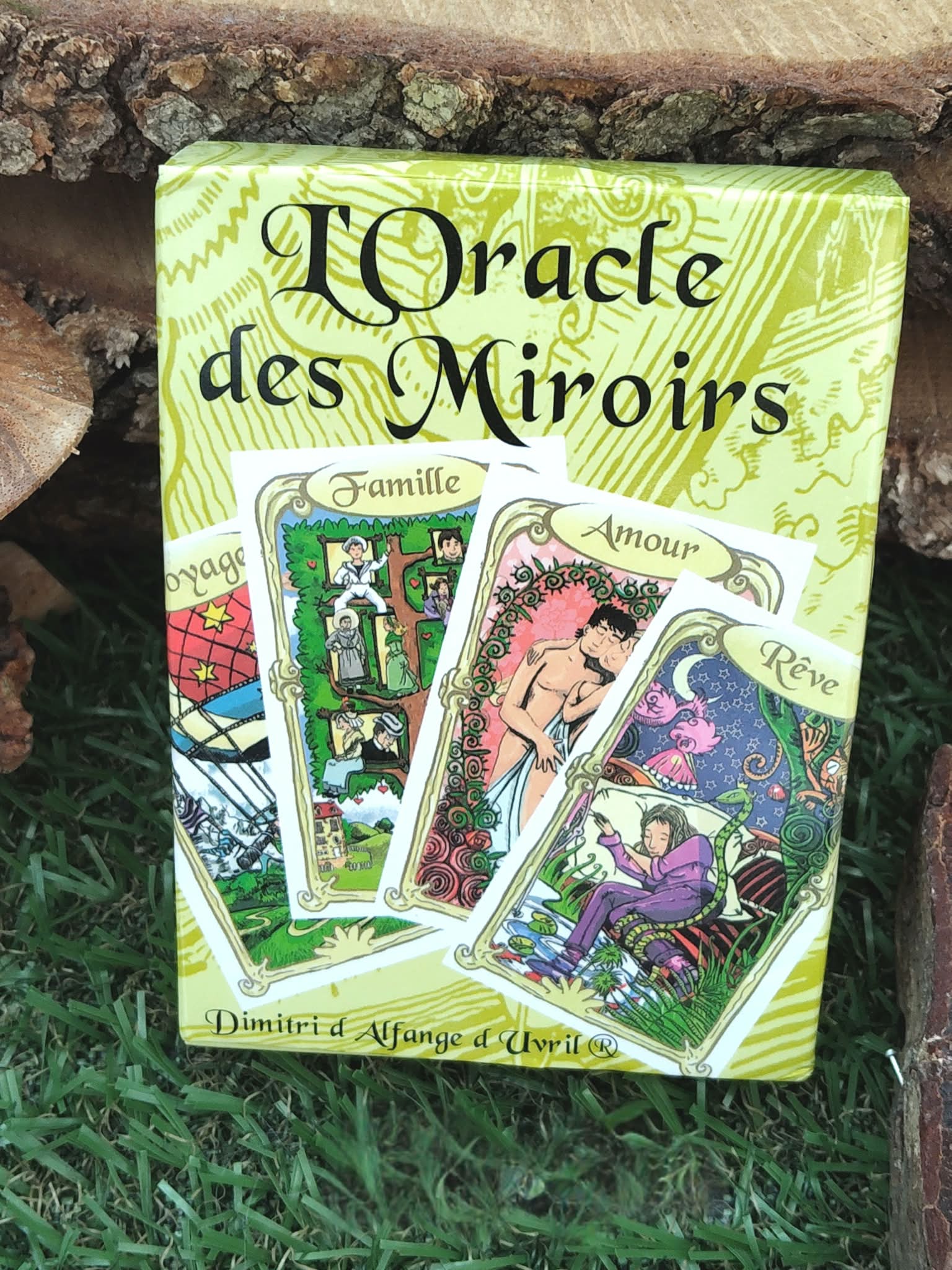 Oracle des miroirs, coffret de 53 cartes   livret, boîte vue de face posée sur mousse verte avec fond en bois naturel.