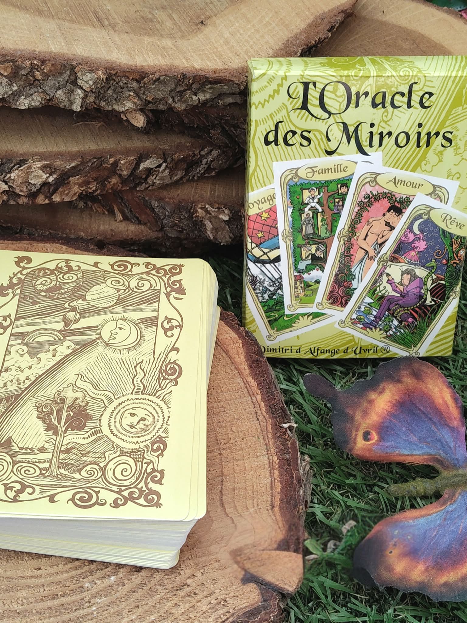 Jeu d’oracle Oracle des miroirs 53 cartes, cartes empilées avec motif doré, coffret visible derrière, ambiance nature sur mousse et rondin de bois.