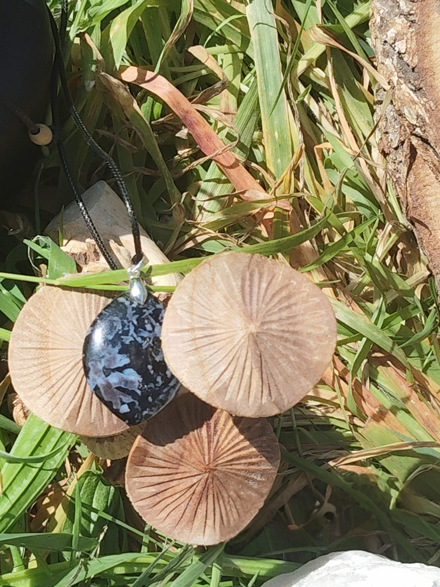 Pendentif pierre gabbro présenté sur herbe et bois brut, bijou en pierre naturelle associé à l’enracinement, au calme du mental et à l’équilibre intérieur.