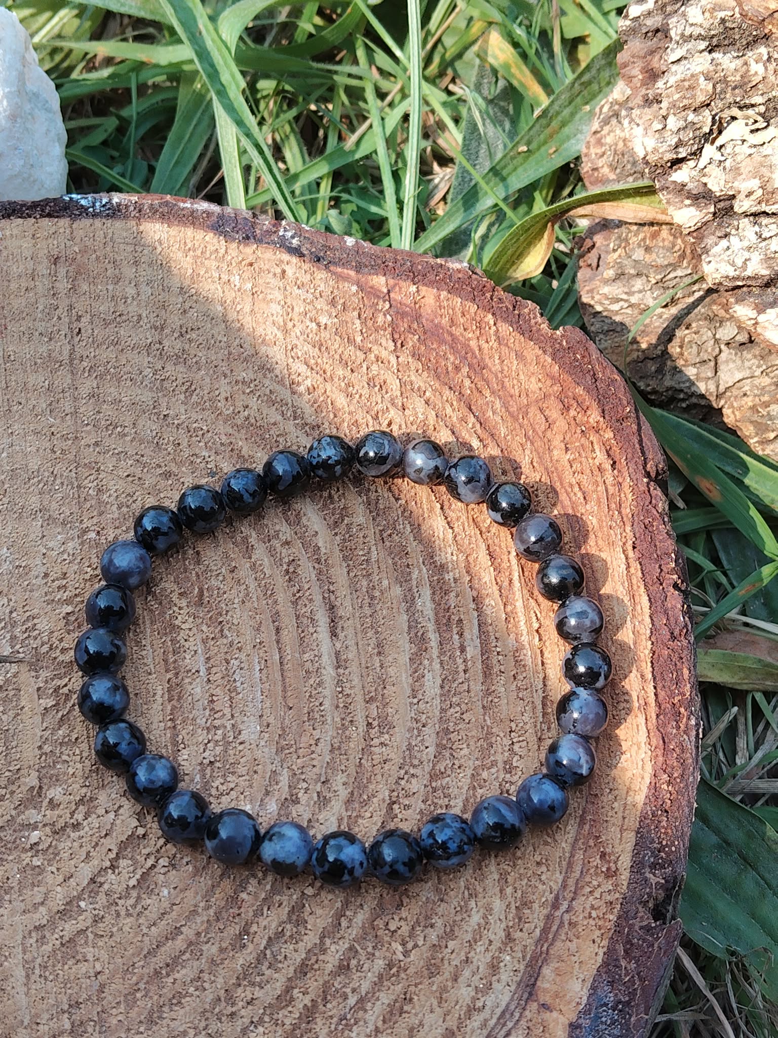 Bracelet perles de Gabbro sur bois naturel avec plantes en fond, bracelet pierre naturelle pour accompagnement du changement