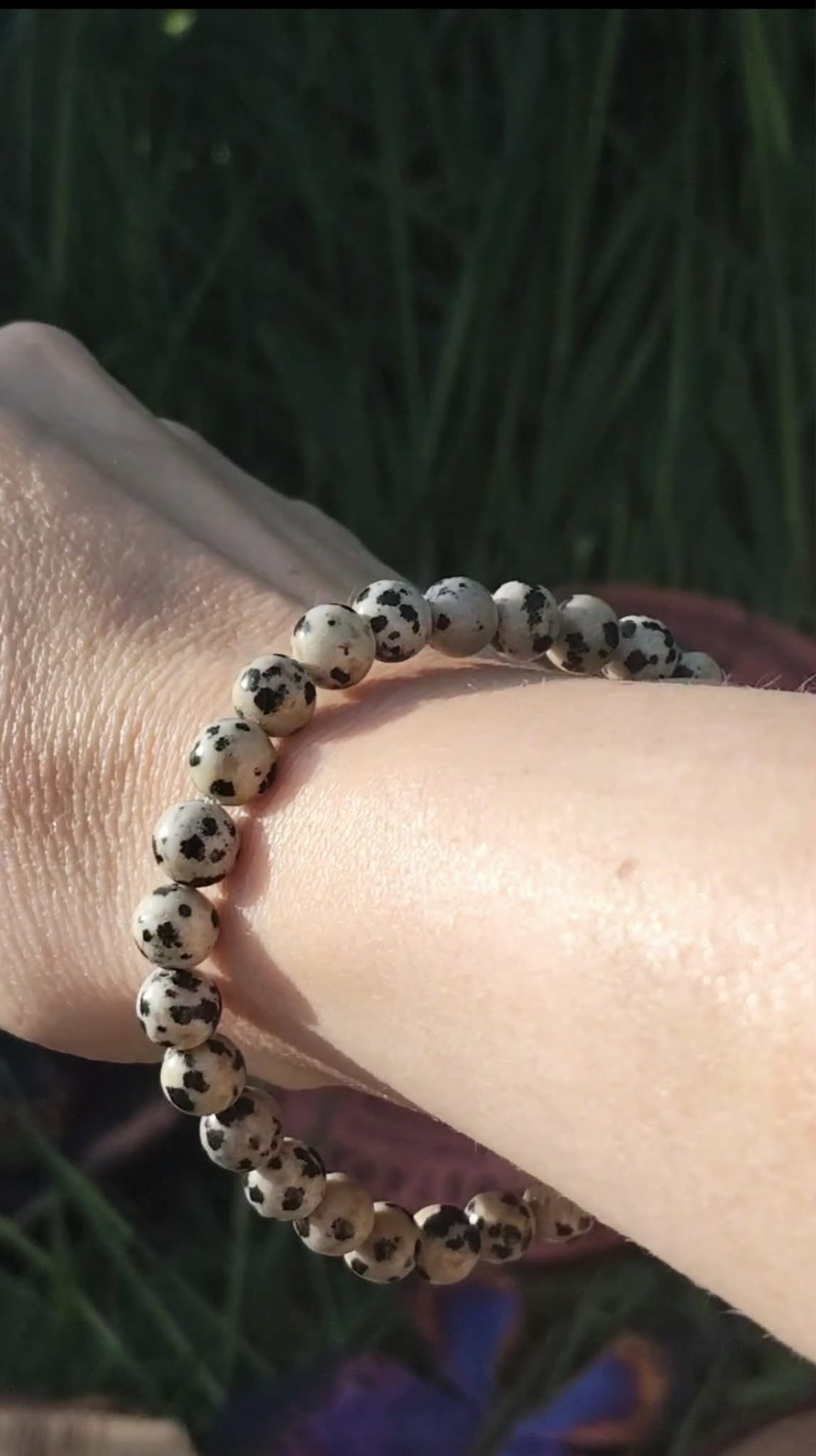 Bracelet jaspe dalmatien 6 mm porté au poignet sur fond sombre, perles crème et ivoire tachetées de noir pour stabilité, ancrage léger et confiance calme