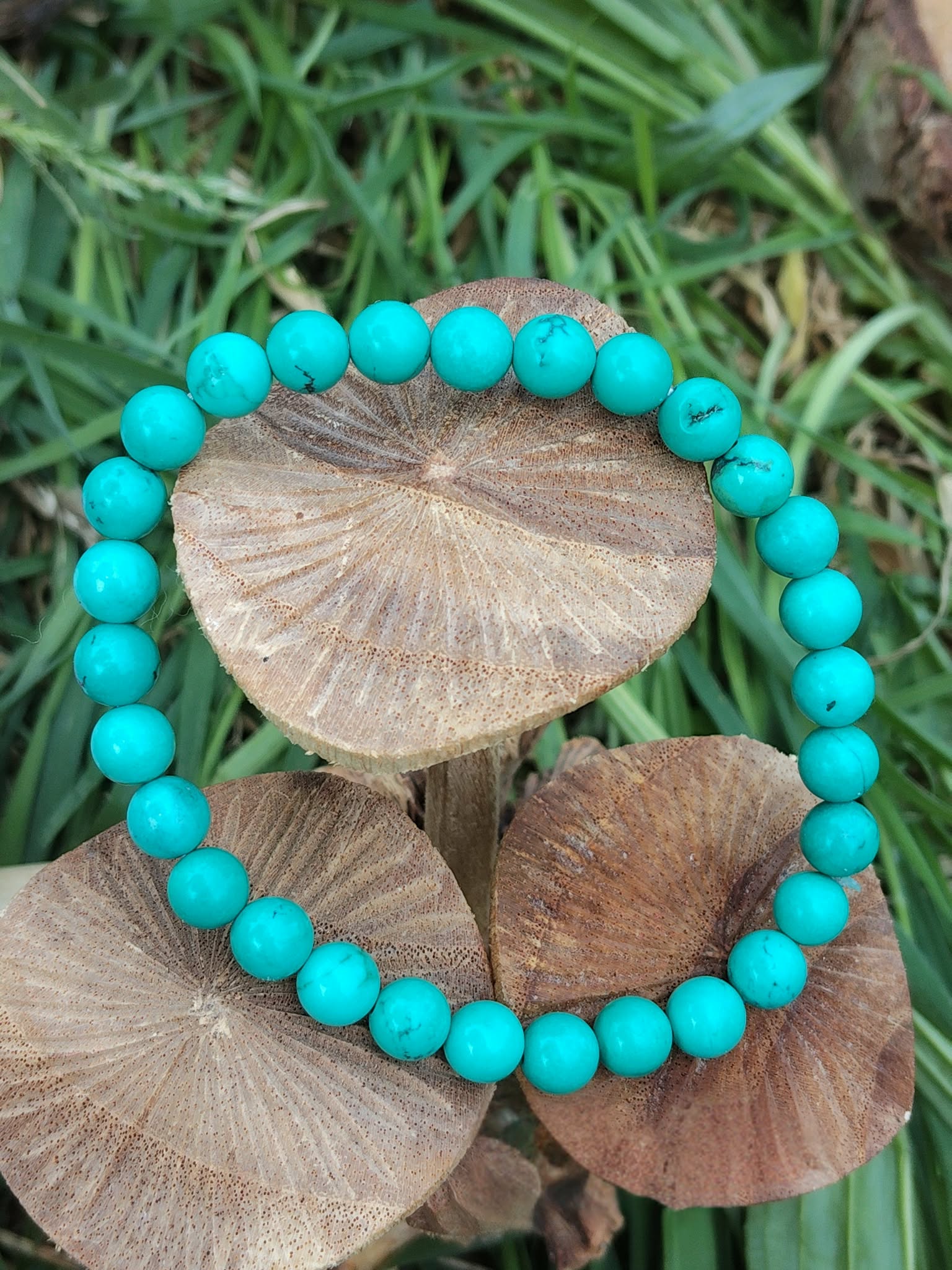 bracelet turquoise stabilisée en perles rondes posée sur champignons en bois  et herbes vertes talisman de protection en voyage et au quotidien