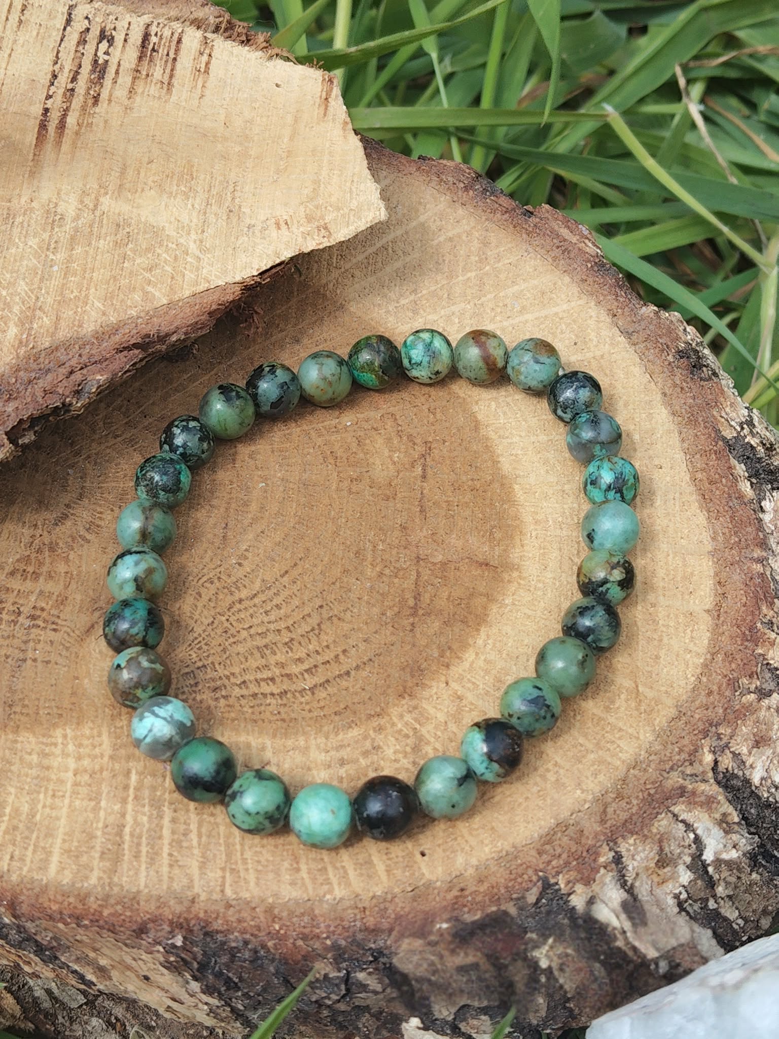 Bracelet turquoise africaine 6 mm sur rondelle de bois, perles rondes en jaspe africain, ancrage doux et clarté mentale