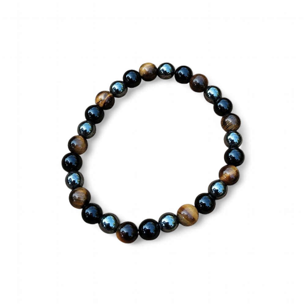 Bracelet 3 protections sur fond blanc, perles 6 mm en obsidienne noire, œil de tigre et hématite, bouclier énergétique et stabilité