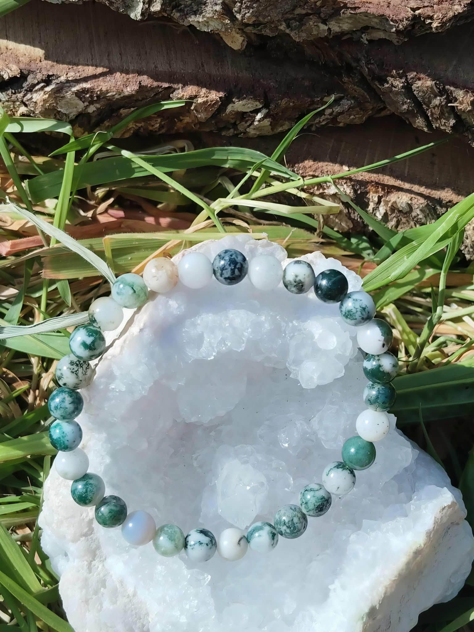 Bracelet Agate Arbre 6 mm sur amas de quartz en décor végétal, perles naturelles, calme profond et lâcher-prise