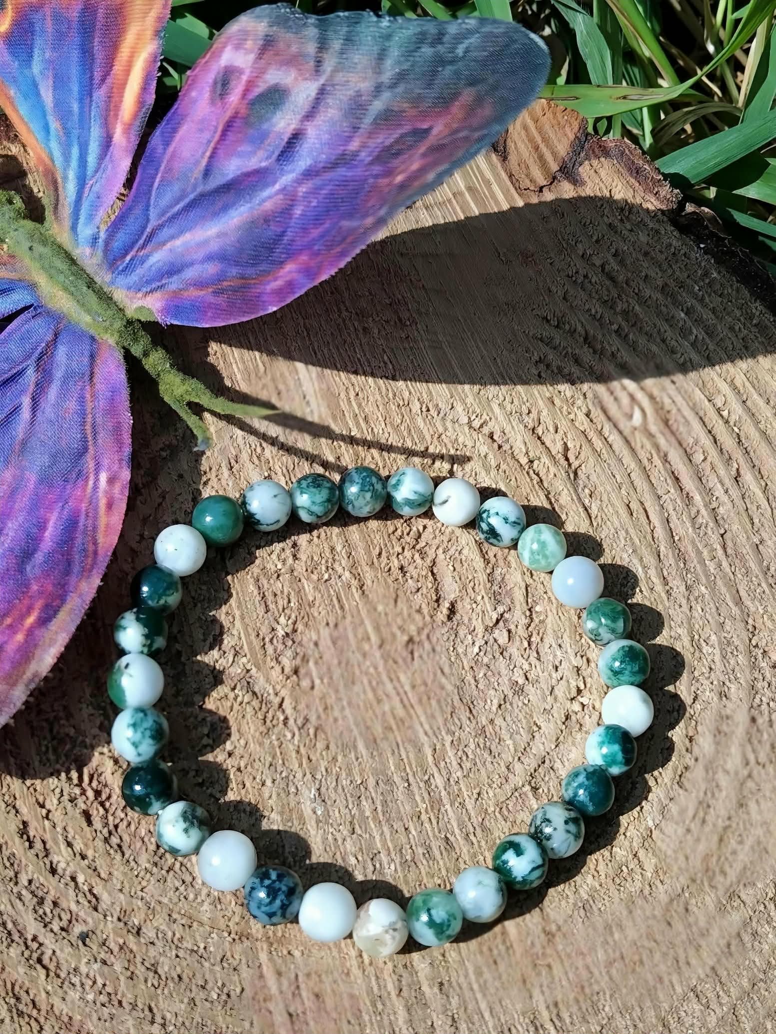 Bracelet Agate Arbre 6 mm sur liège avec fleur violette et feuillage, apaisement du mental et reconnexion à la nature