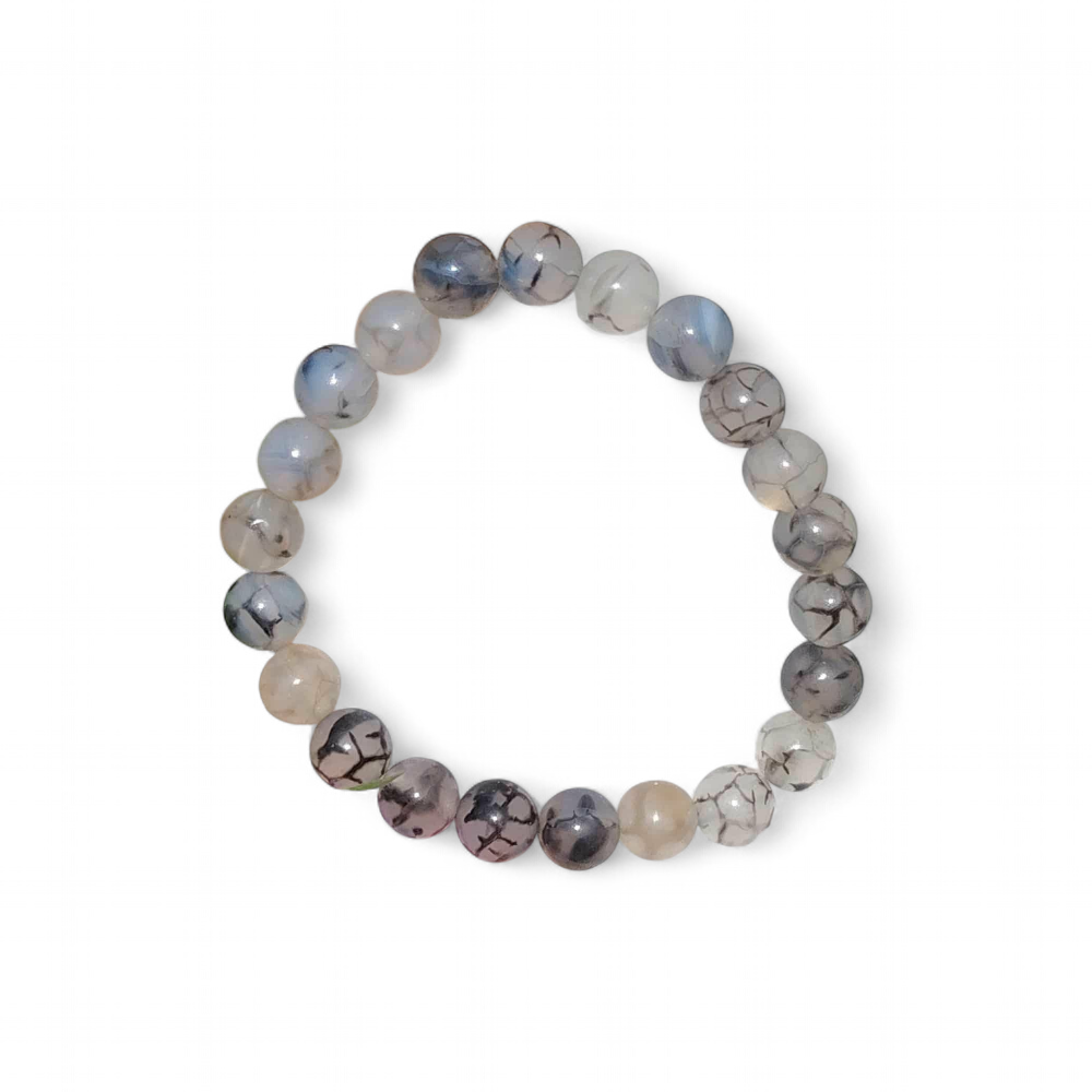 <img alt="Bracelet Agate Veine de Dragon 8 mm teintée sur fond blanc, centrage et énergie posée