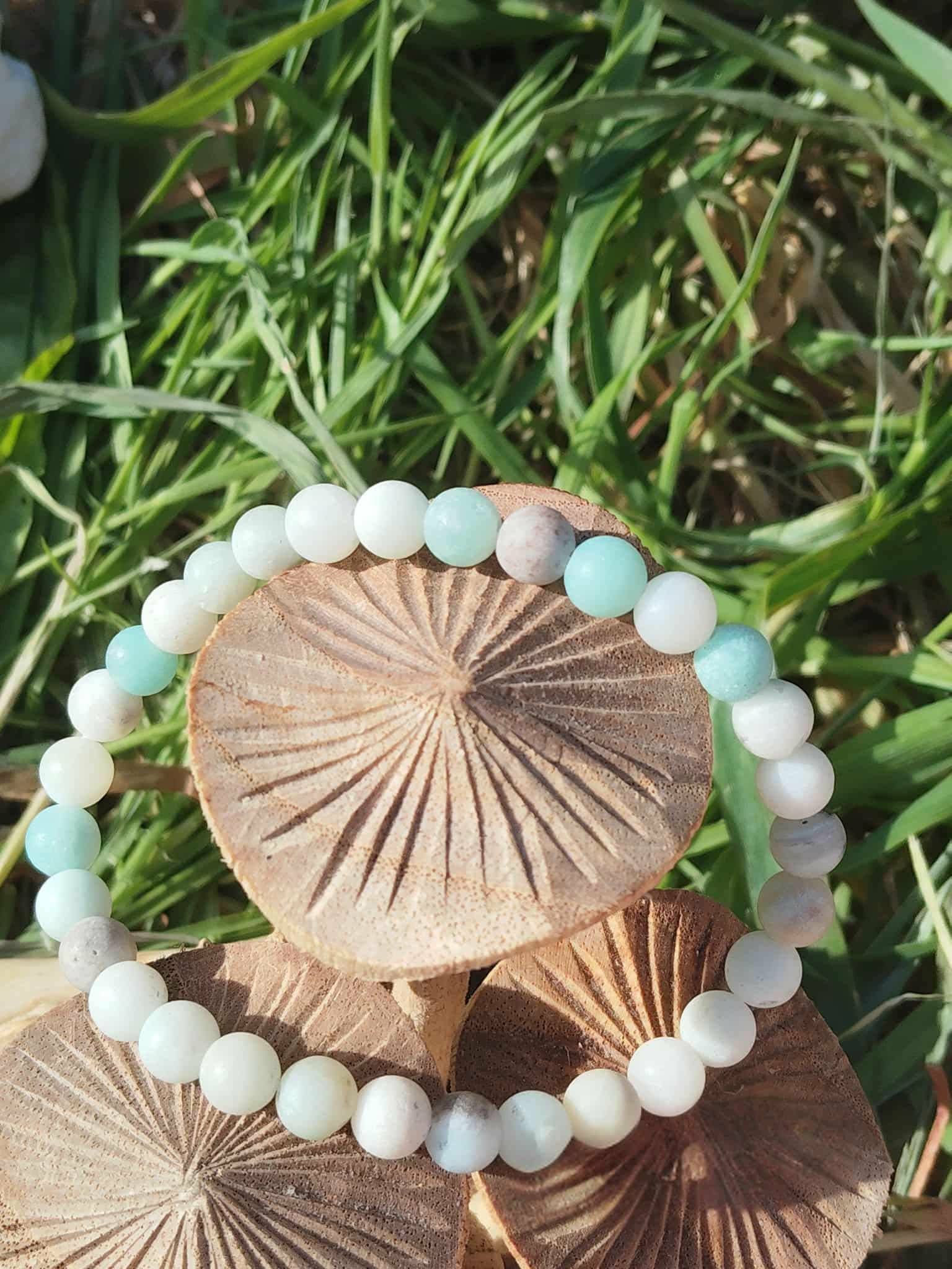 Bracelet amazonite multicolore en perles 6 mm, posé sur un décor champignon/bois avec feuillage vert ; pierre associée à la douceur, à l’équilibre émotionnel et à une communication apaisée.