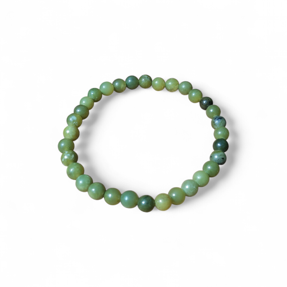 Bracelet jade du Canada sur fond blanc, perles 6 mm vert sauge, olive et vert minéral pour équilibre émotionnel, présence calme et sérénité