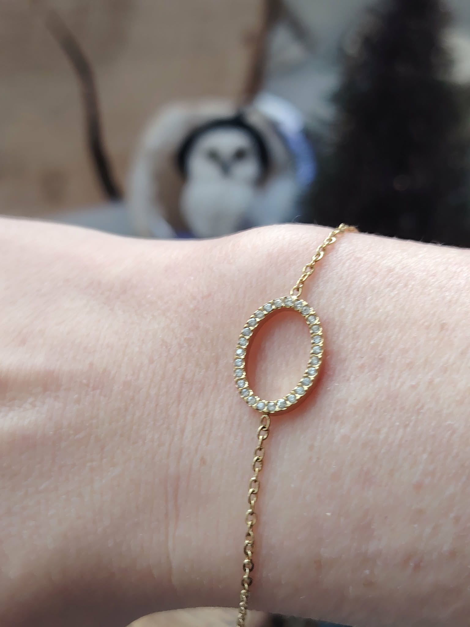 Bracelet chaîne ovale pavé de strass acier inoxydable doré porté au poignet, rendu fin, brillant et élégant au quotidien