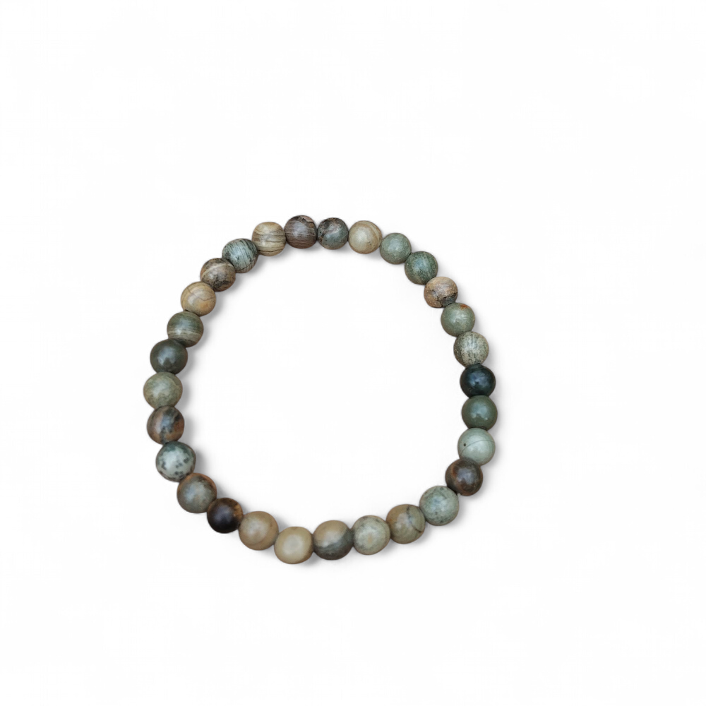 Bracelet jaspe feuilles dargent 6 mm sur fond blanc, perles vert mousse, olive, beige sable et brun taupe et nuances minérales, stabilité, recul et force calme