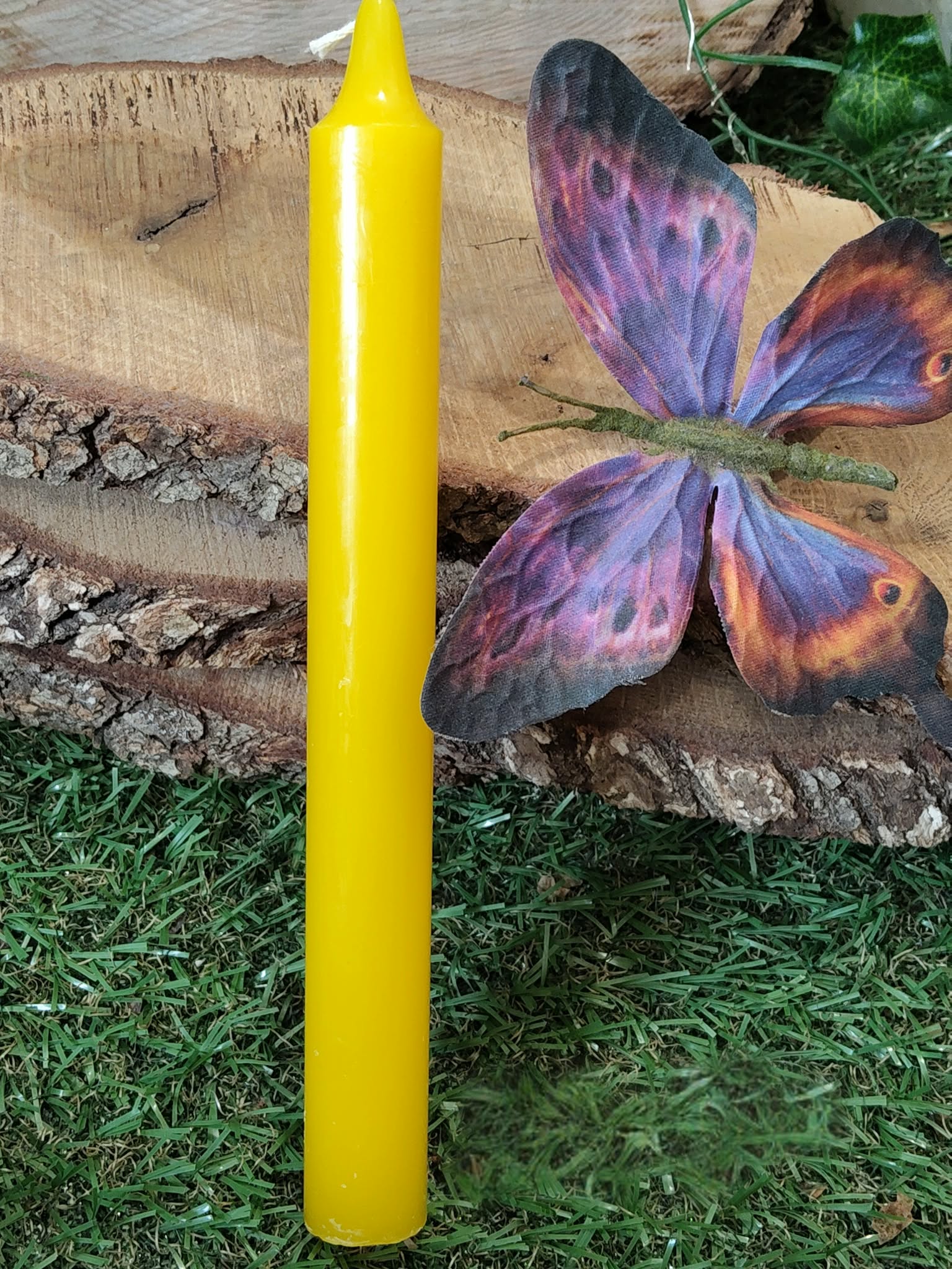 Bougie jaune sur mousse, papillon violet-orange en arrière-plan, rondin de bois; clarté, joie, renouveau.