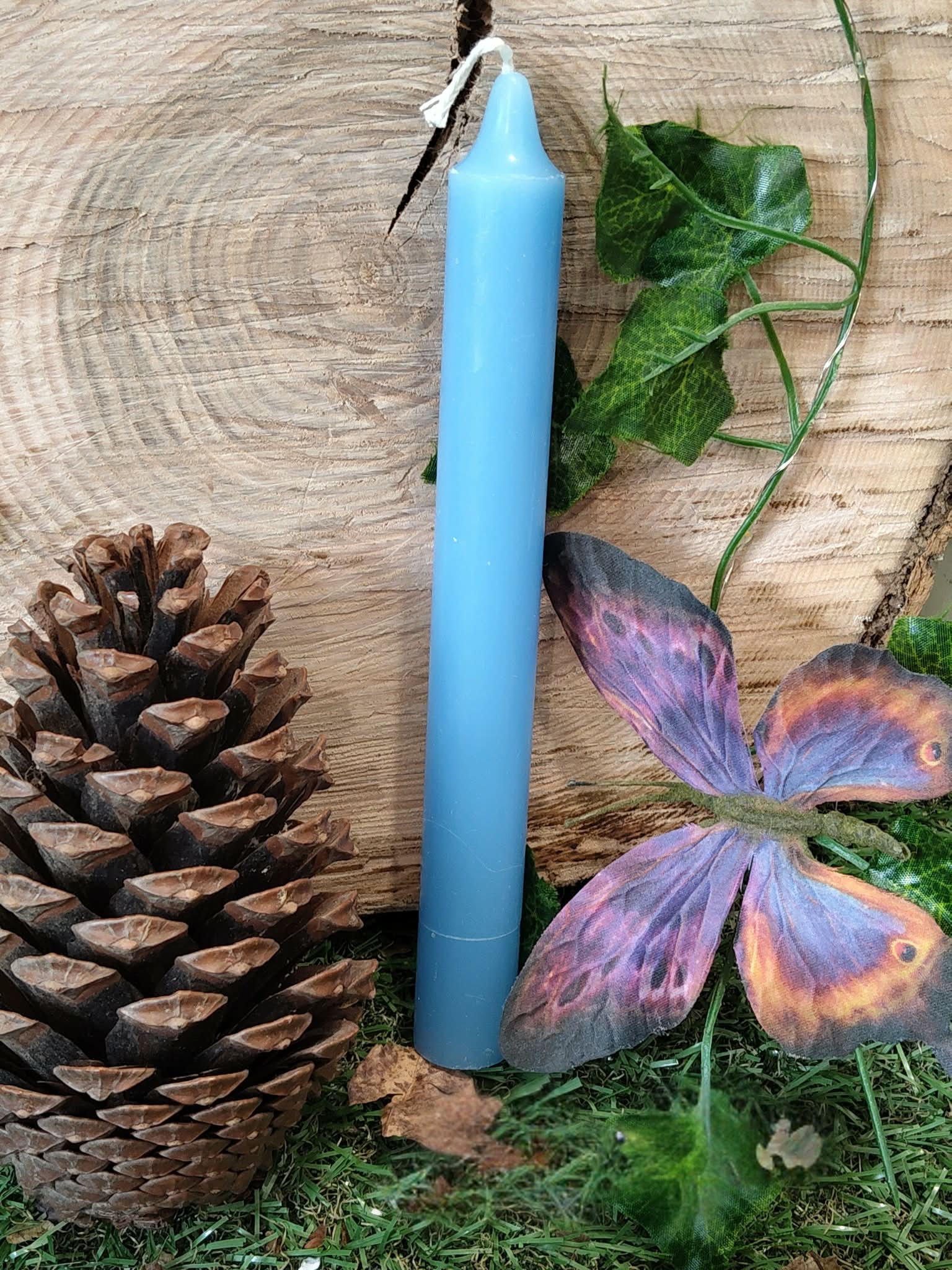 Bougie bleue dans un décor nature (pomme de pin, rondin de bois, lierre, mousse, papillon), favorise apaisement, sérénité, communication.