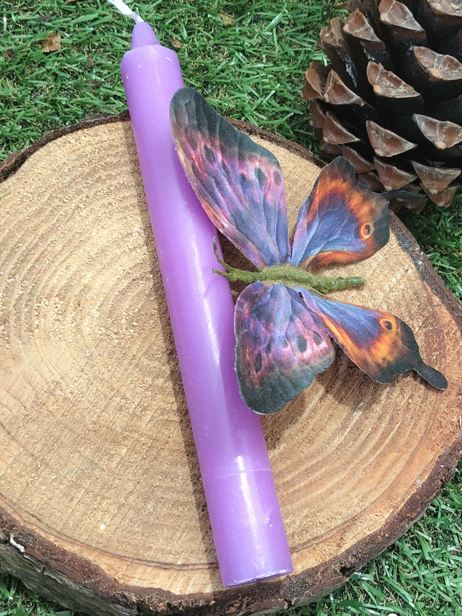 Bougie violette posée sur rondin de bois, papillon violet-orange, décor mousse; intuition, apaisement, recentrage.