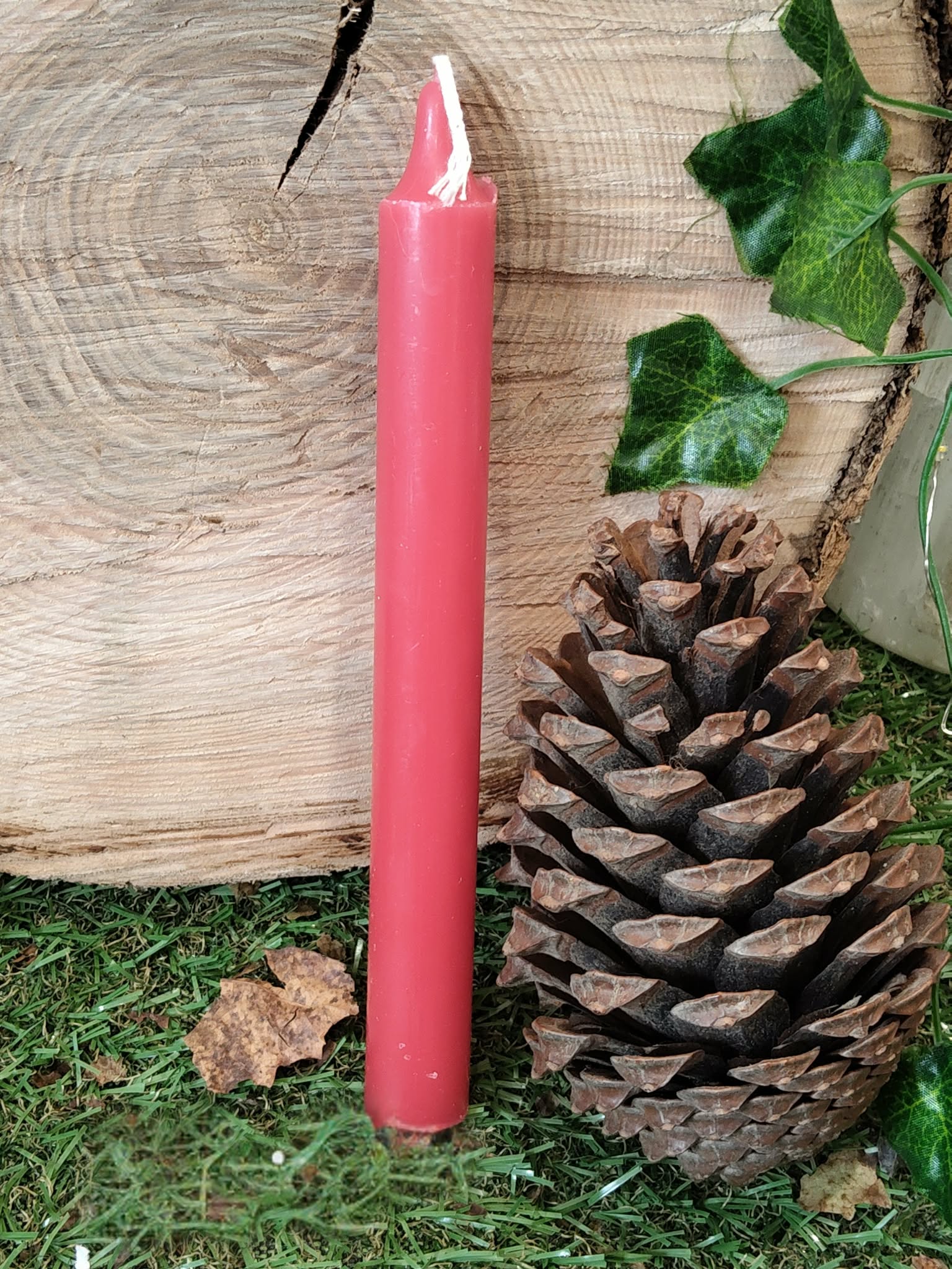 Bougie rouge fine posée sur mousse verte, à côté d’une pomme de pin, fond en bois avec lierre, décor nature, ancrage, chaleur, confiance, apaisement, harmonie intérieure.