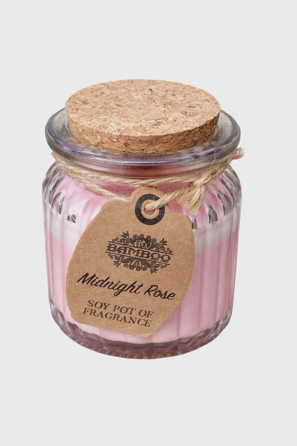 Pot bougie Rose de Minuit (cire de soja) en verre avec bouchon liège et ficelle naturelle, détouré sur fond blanc, sérénité, réconfort, harmonie.