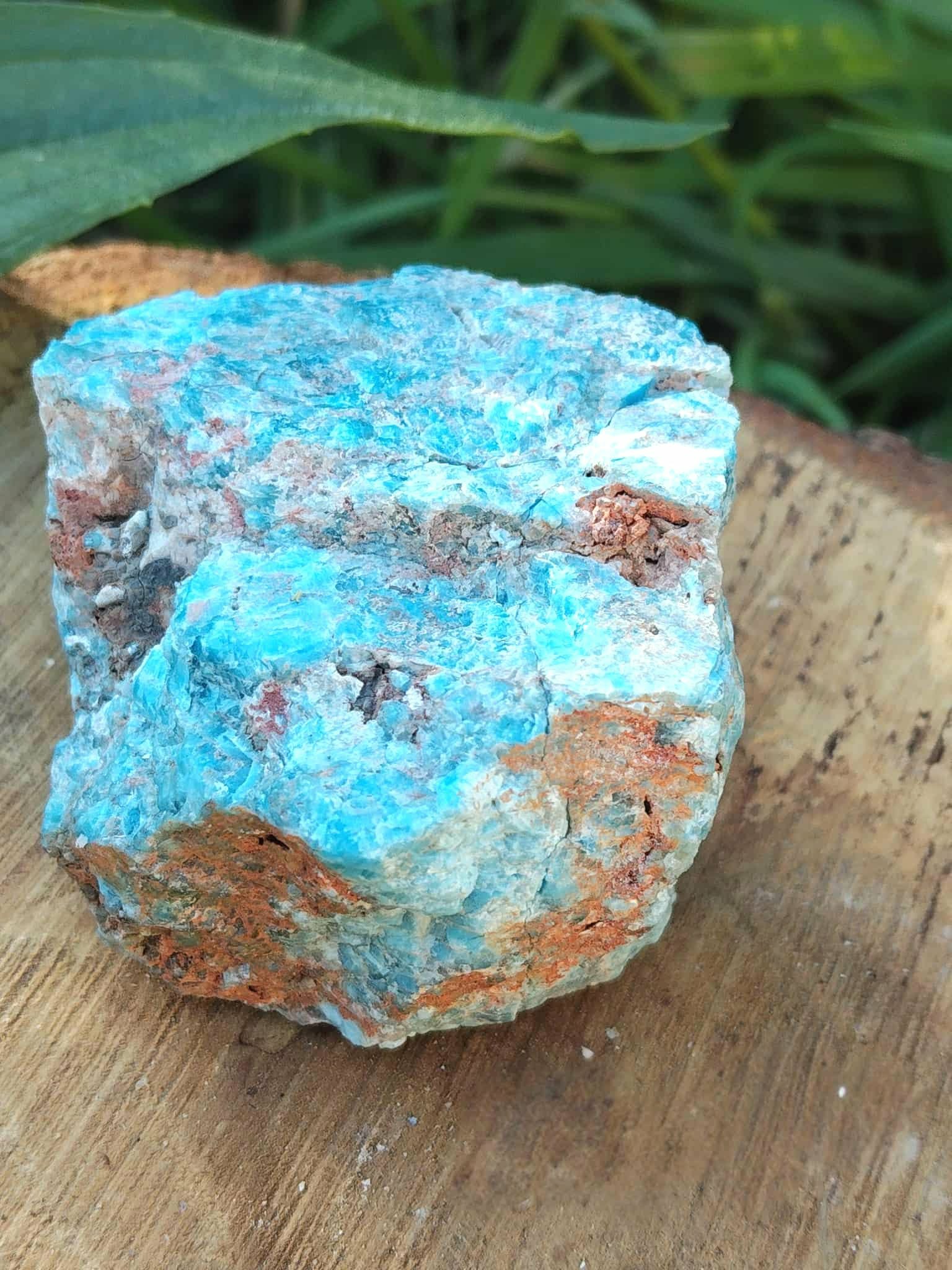 Apatite bleue brute sur support en bois avec décor végétal vert en arrière-plan, pierre naturelle associée à la lucidité, à l’élan intérieur et à l’expression sincère.